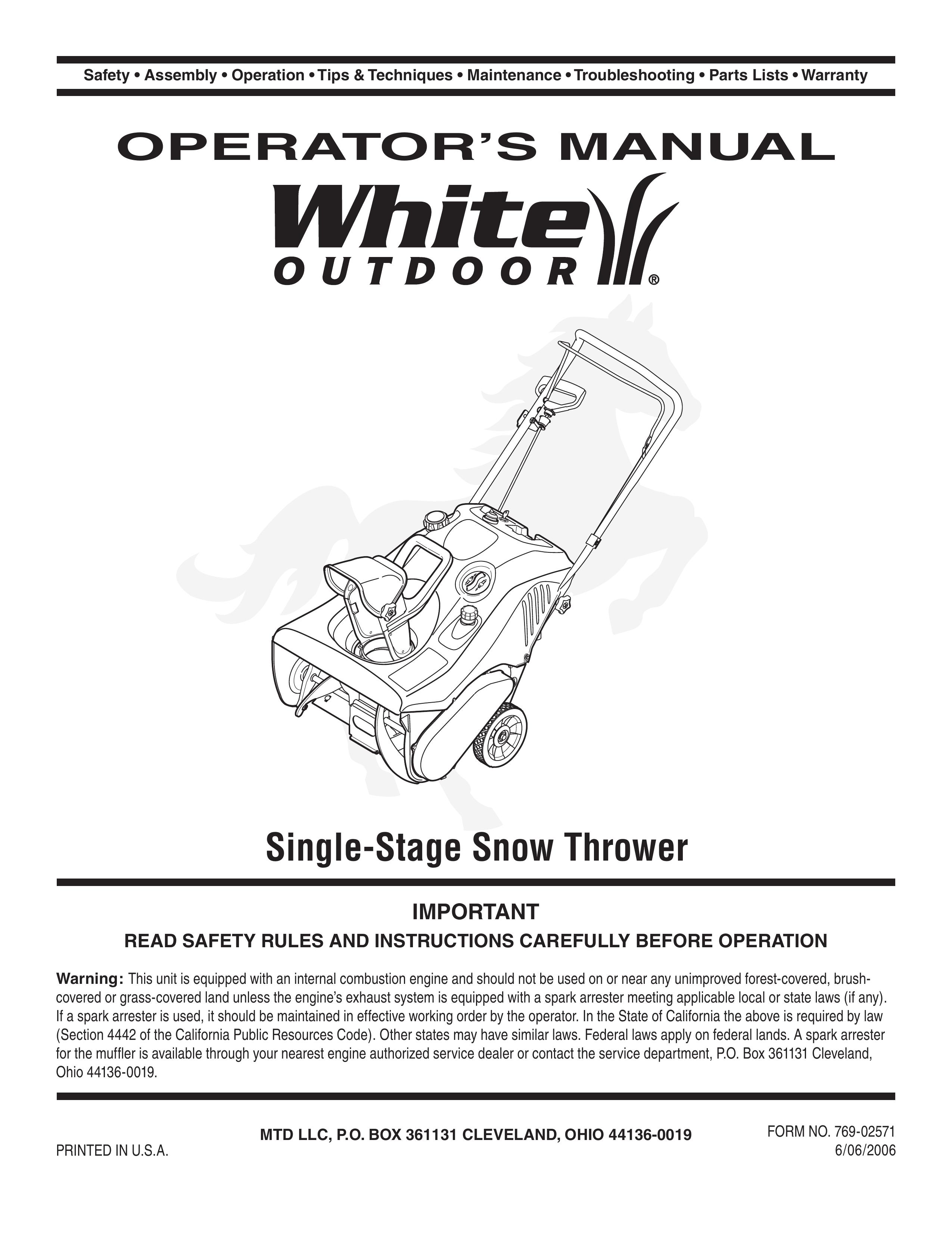White Outdoor Single-Stage Snow Thrower Snow Blower User Manual