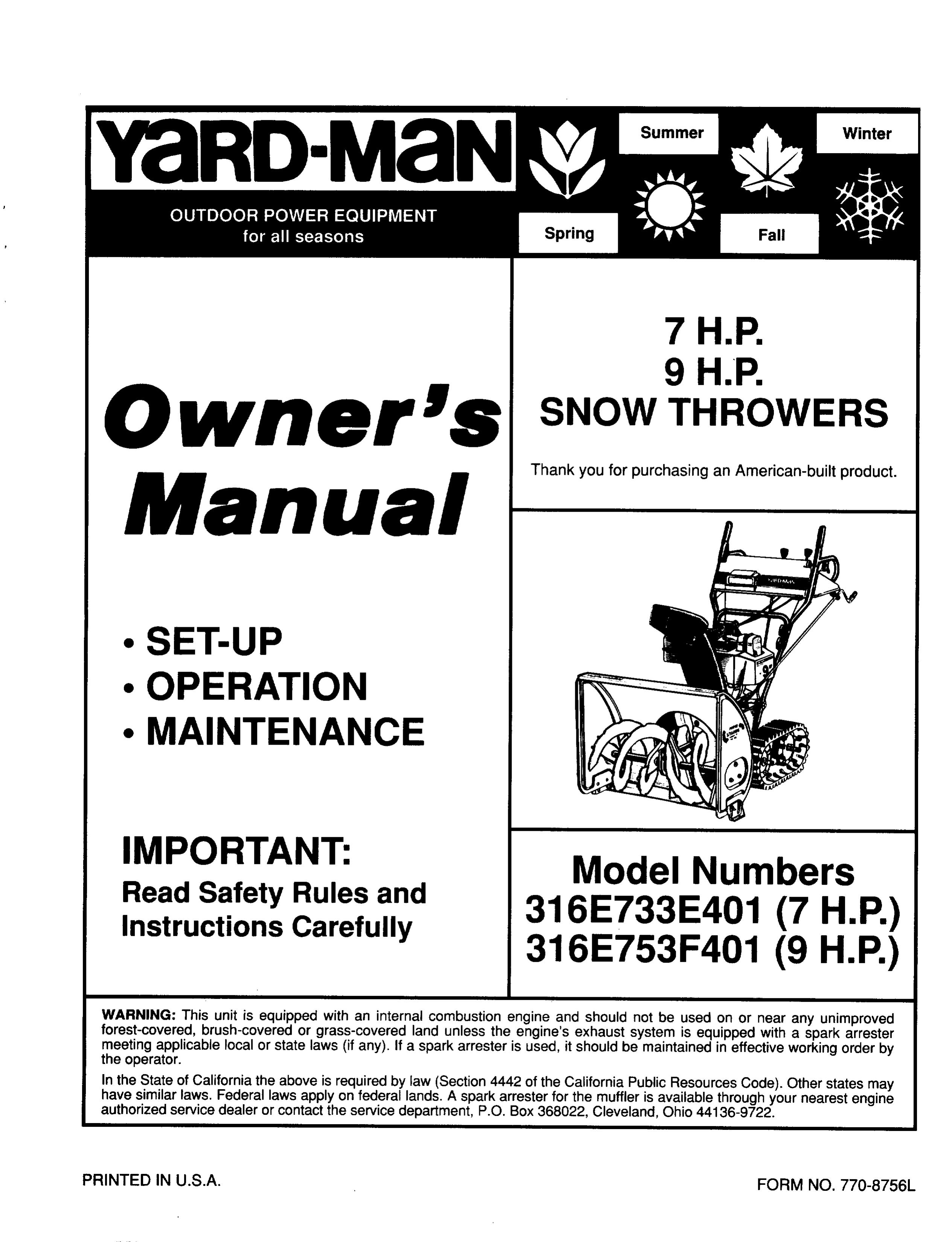 Yard-Man 316E753F401 Snow Blower User Manual