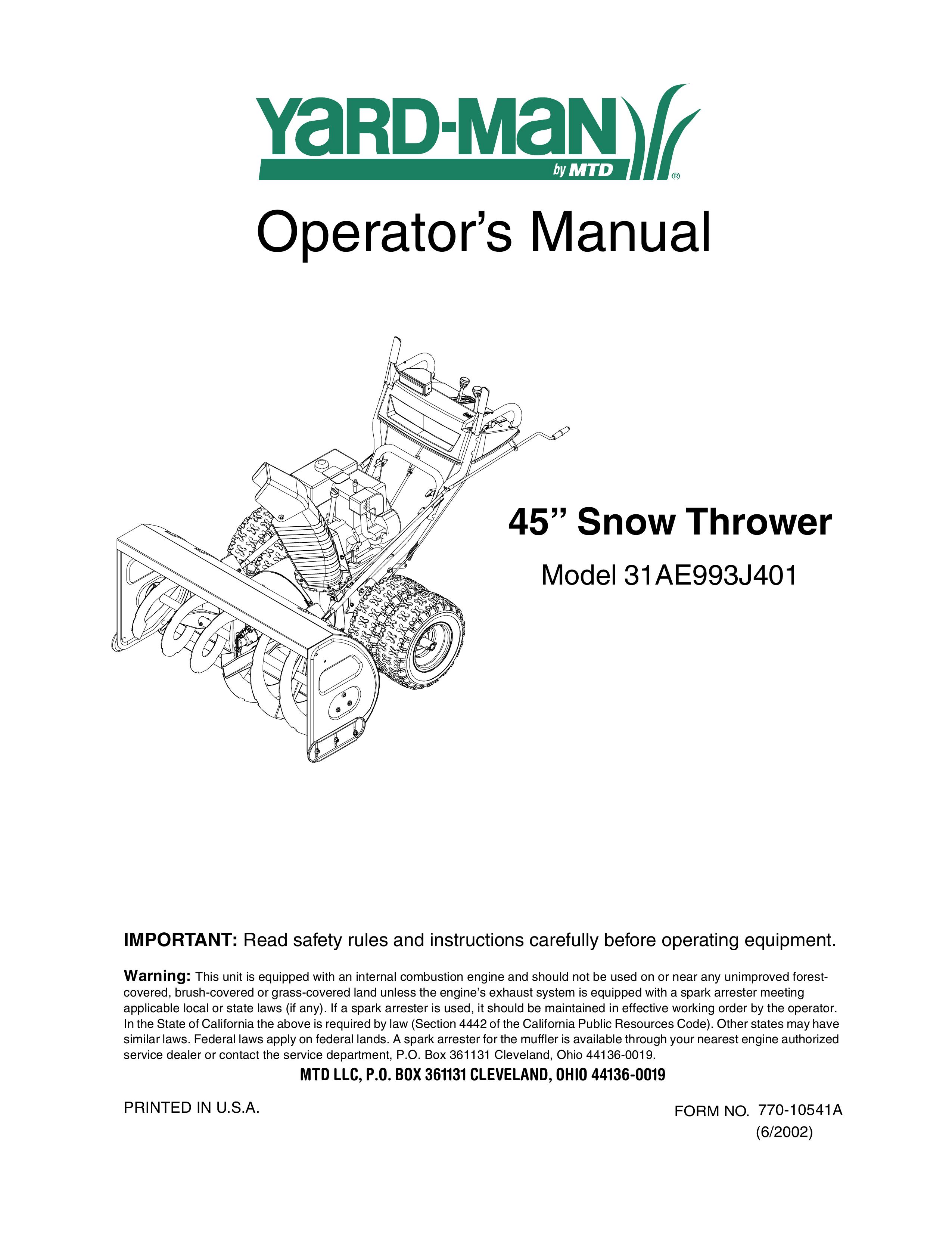 Yard-Man 31AE993J401 Snow Blower User Manual