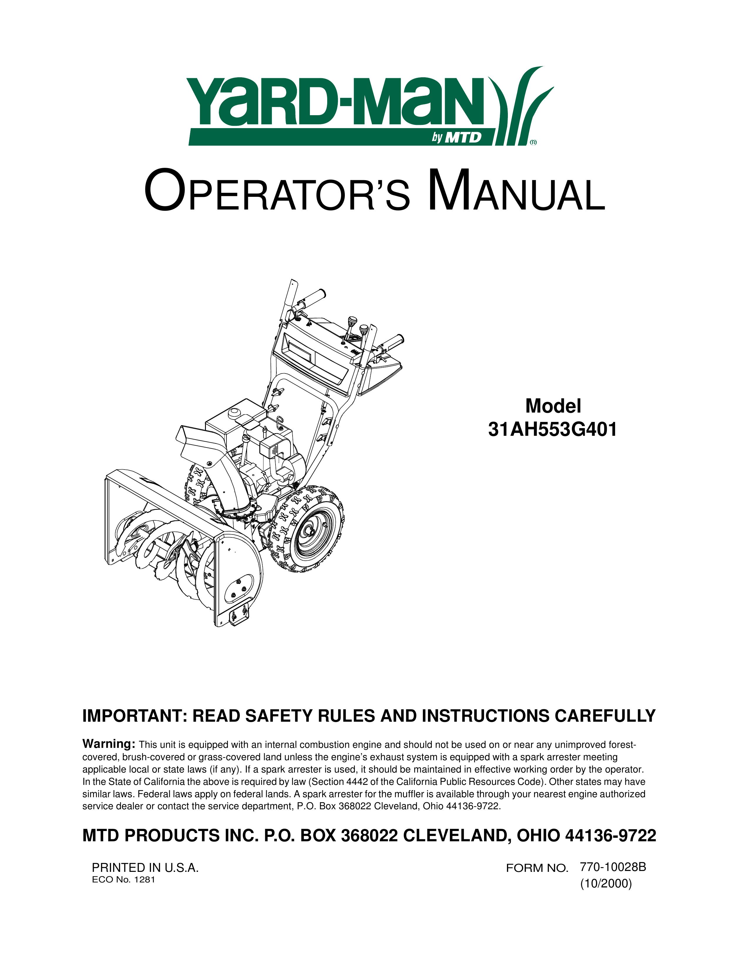 Yard-Man 31AH553G401 Snow Blower User Manual