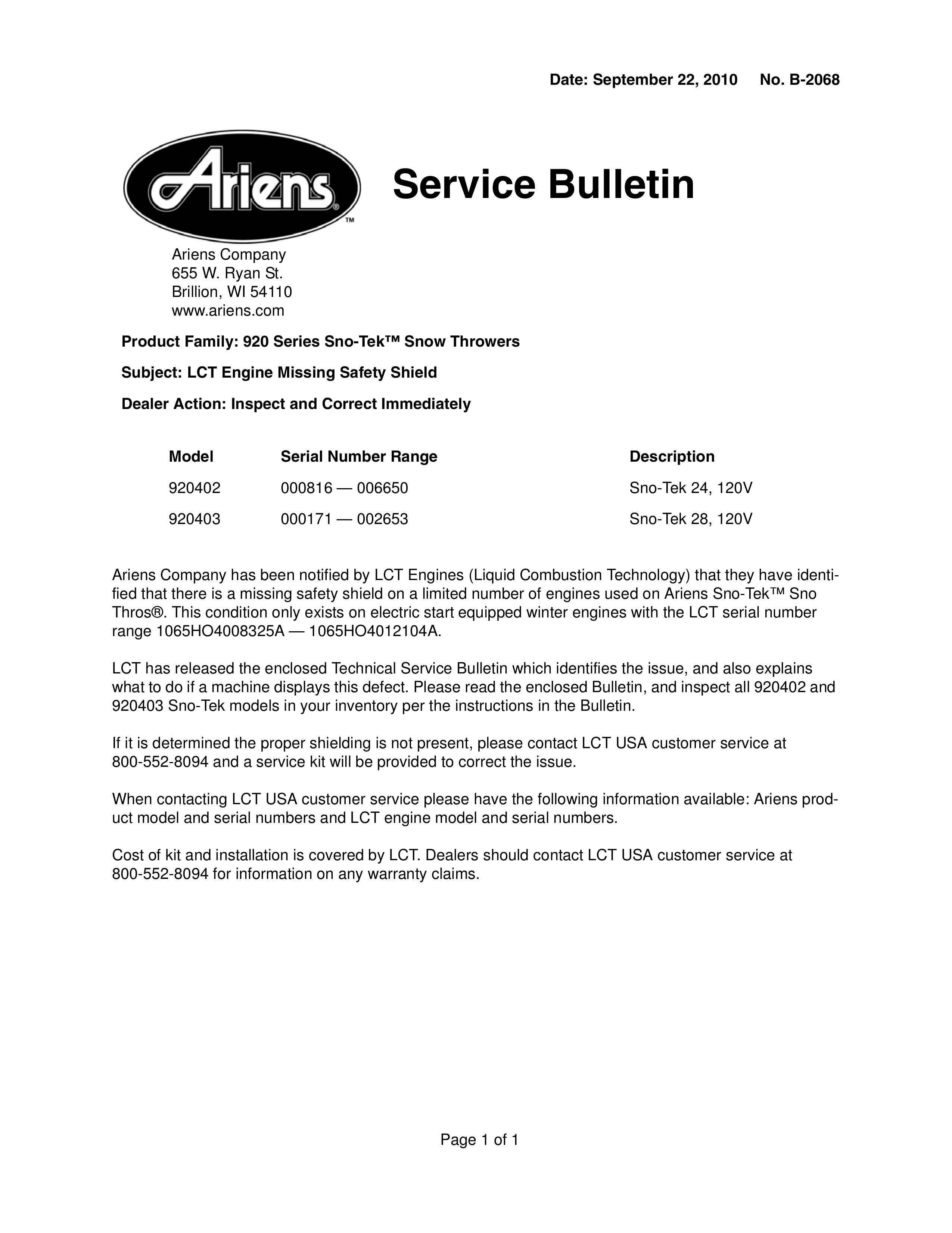 Ariens 920402 Snow Blower Attachment User Manual