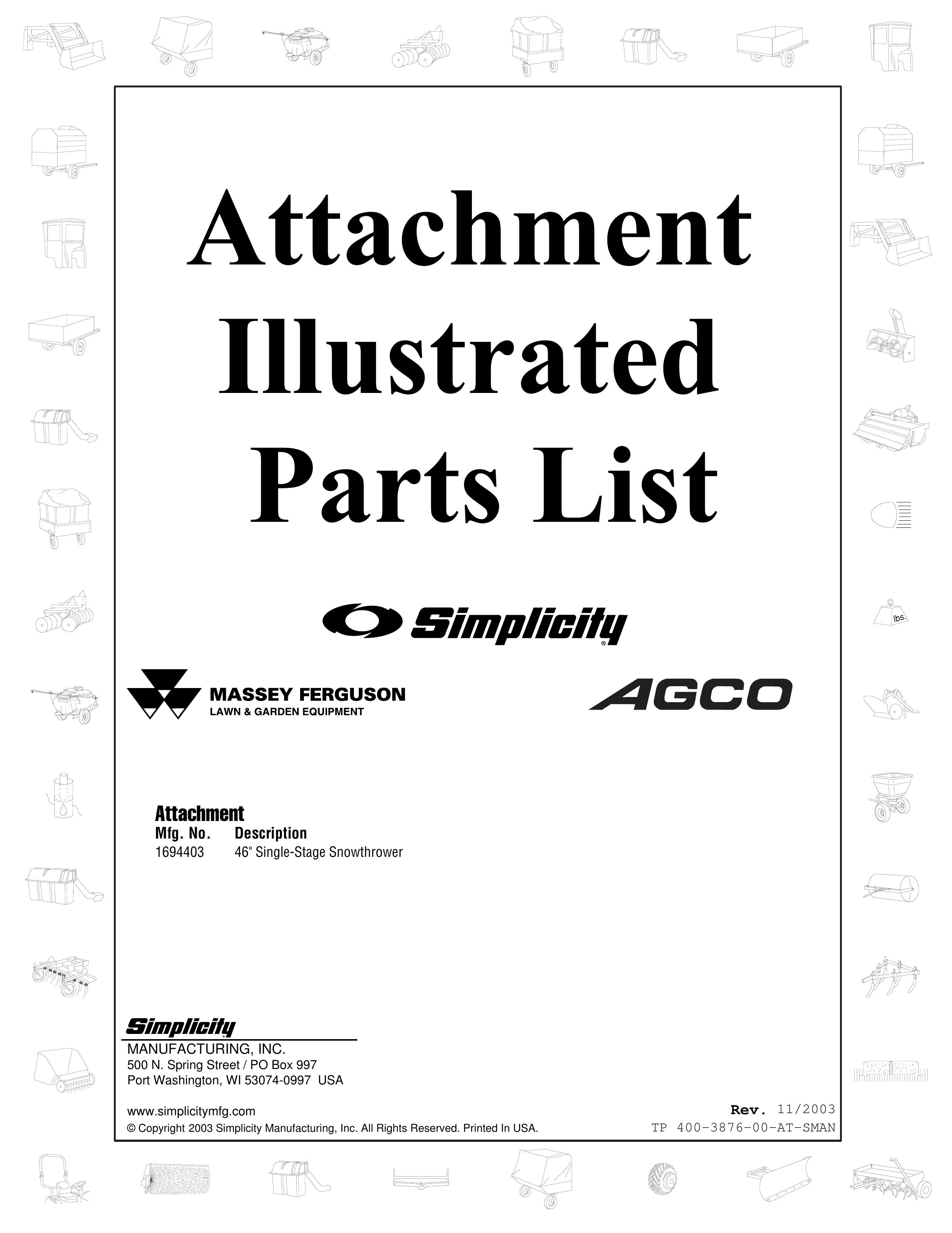 Simplicity 1694403 Snow Blower Attachment User Manual