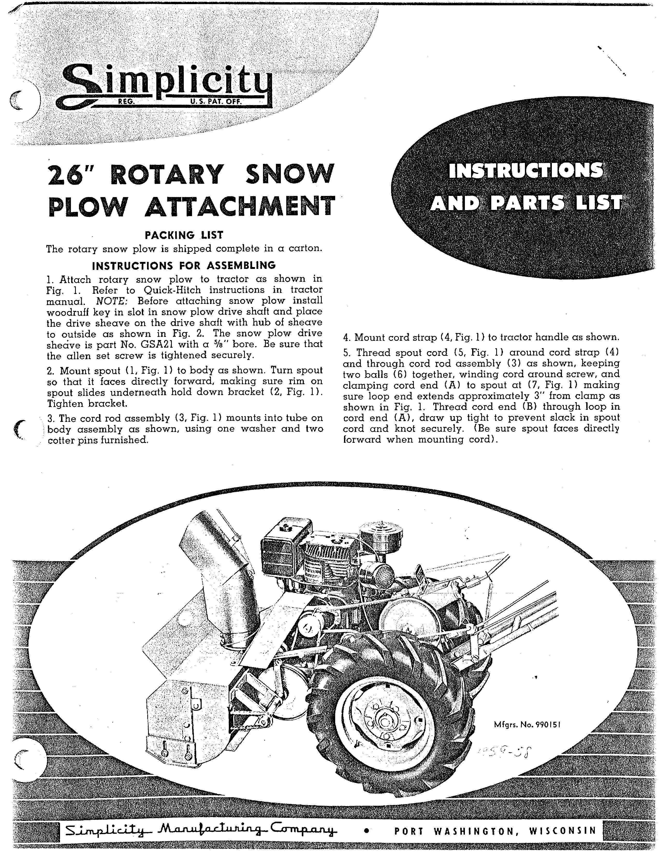 Simplicity 990151 Snow Blower Attachment User Manual