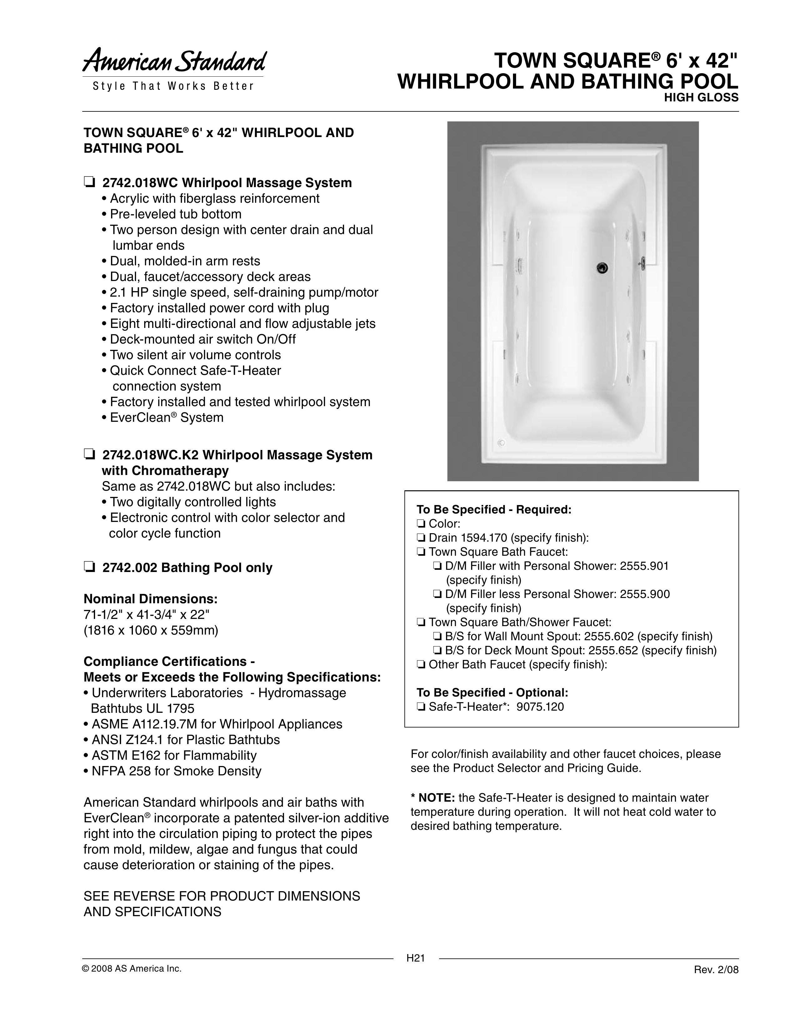 American Standard 2742.018WC Swimming Pool User Manual