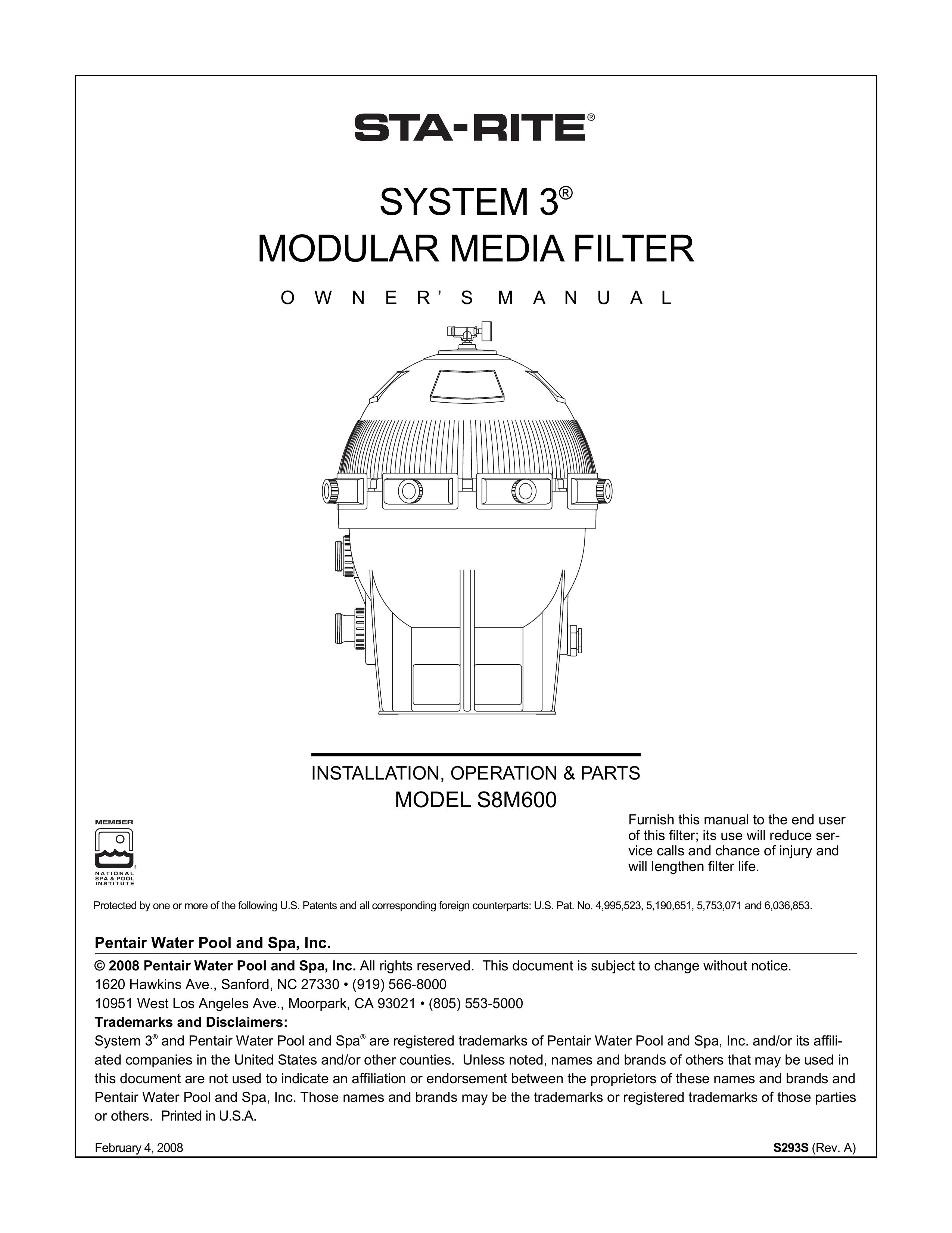 Pentair S8M600 Swimming Pool Filter User Manual
