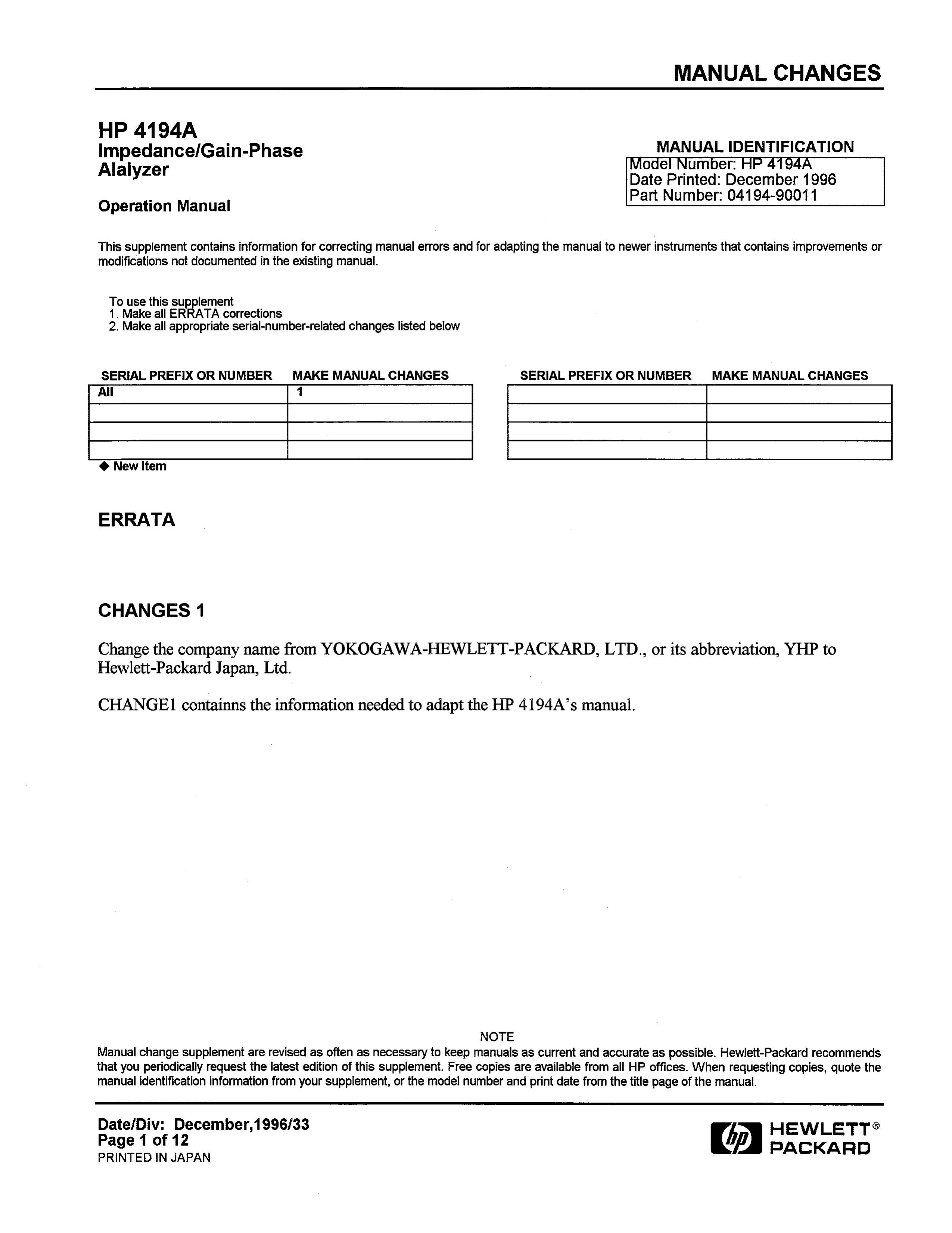 HP (Hewlett-Packard) Agilent 4194A Swimming Pool Gate Alarm User Manual