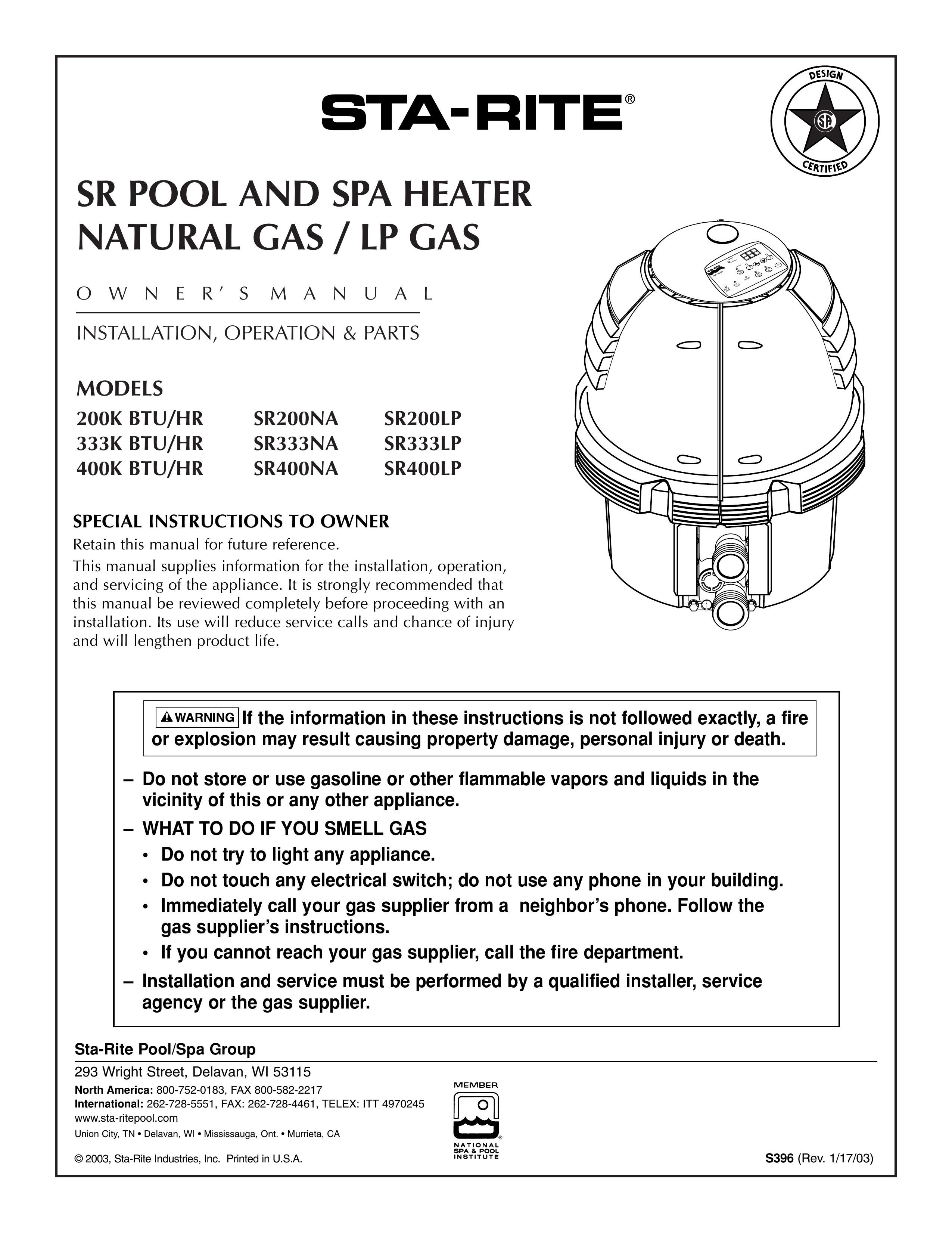 Five Star Sr200na, Sr200lp,, Sr333na, Sr333lp,, Sr400na, Sr400lp Swimming Pool Heater User Manual