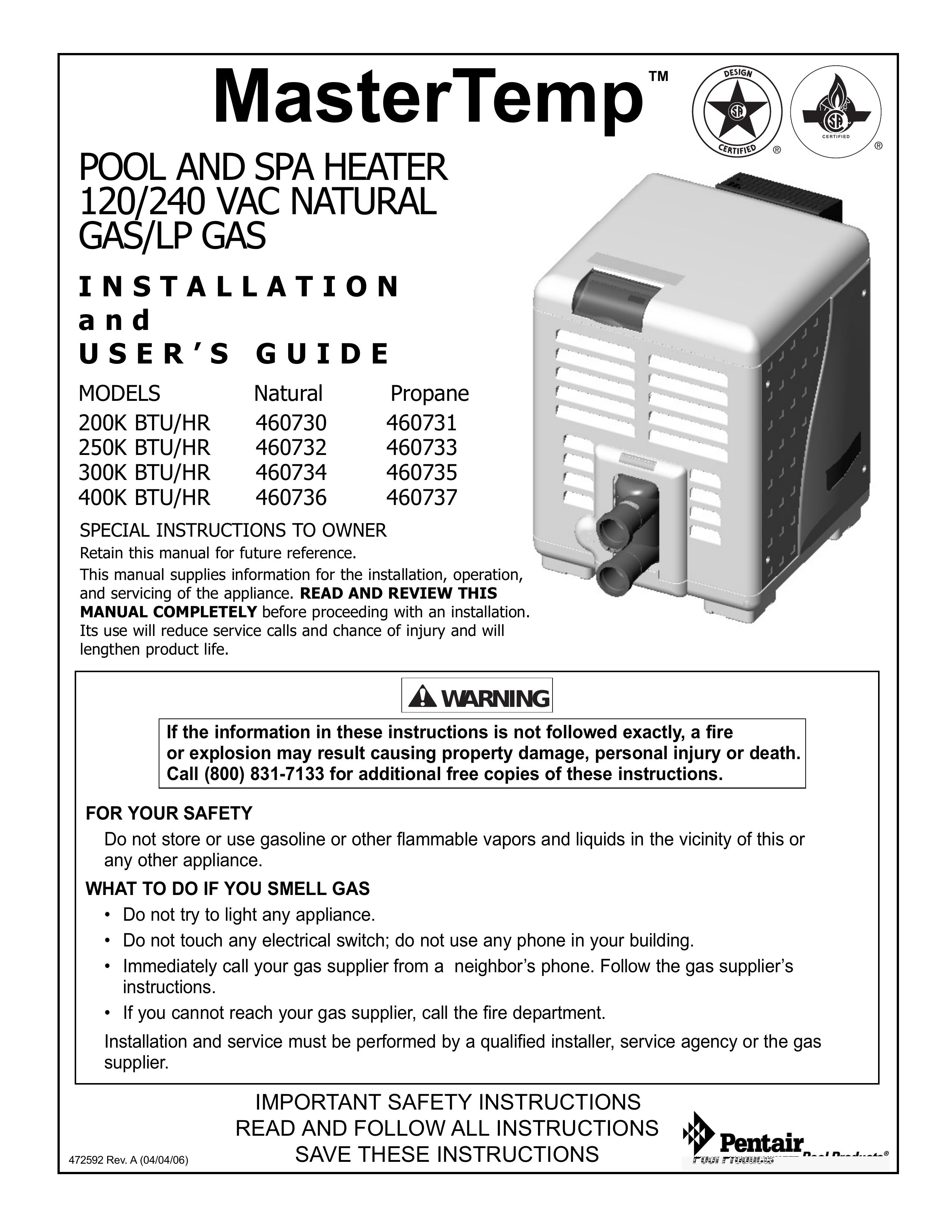 Pentair 250K BTU/HR Swimming Pool Heater User Manual