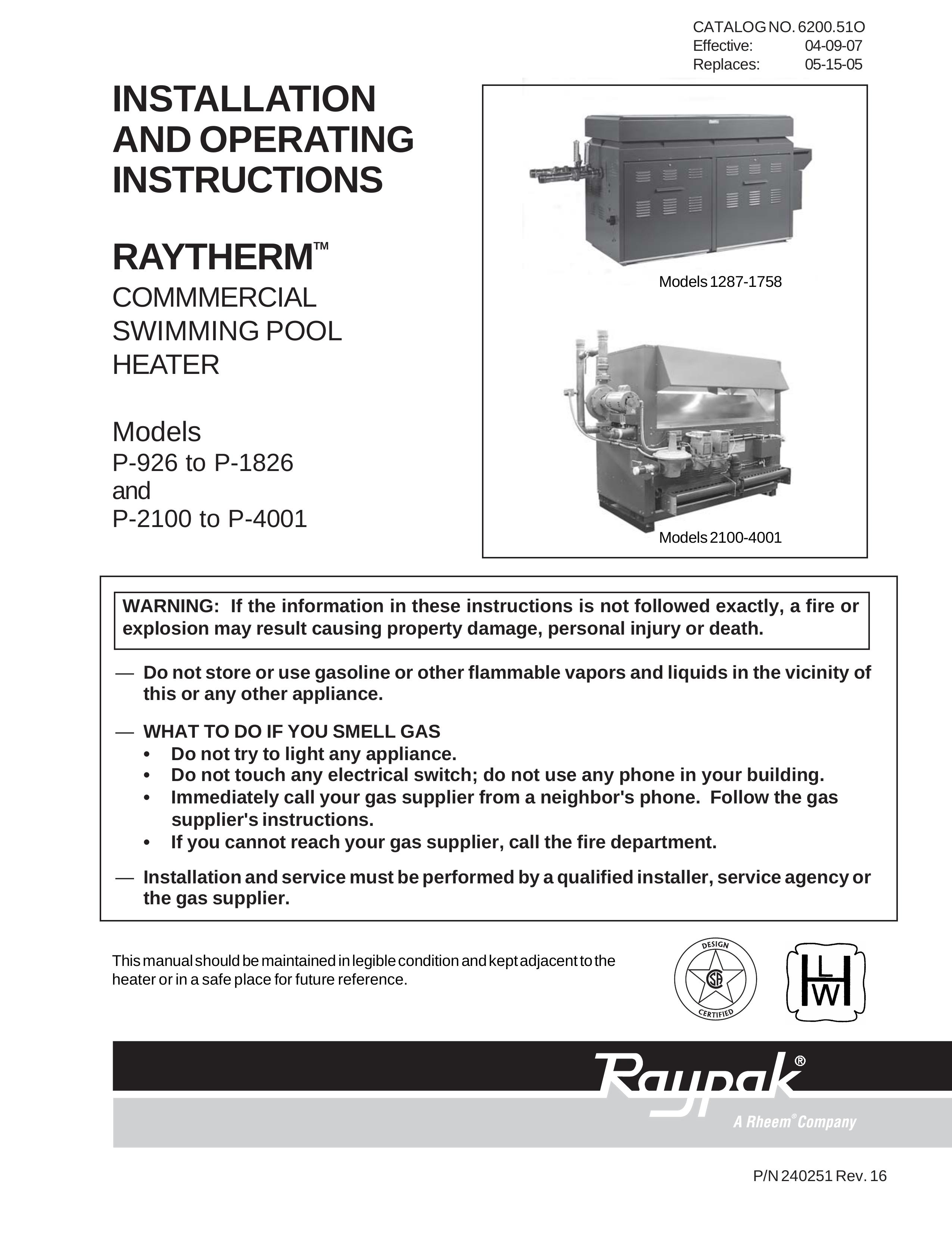 Raypak 1287-1758, 2100-4001 Swimming Pool Heater User Manual