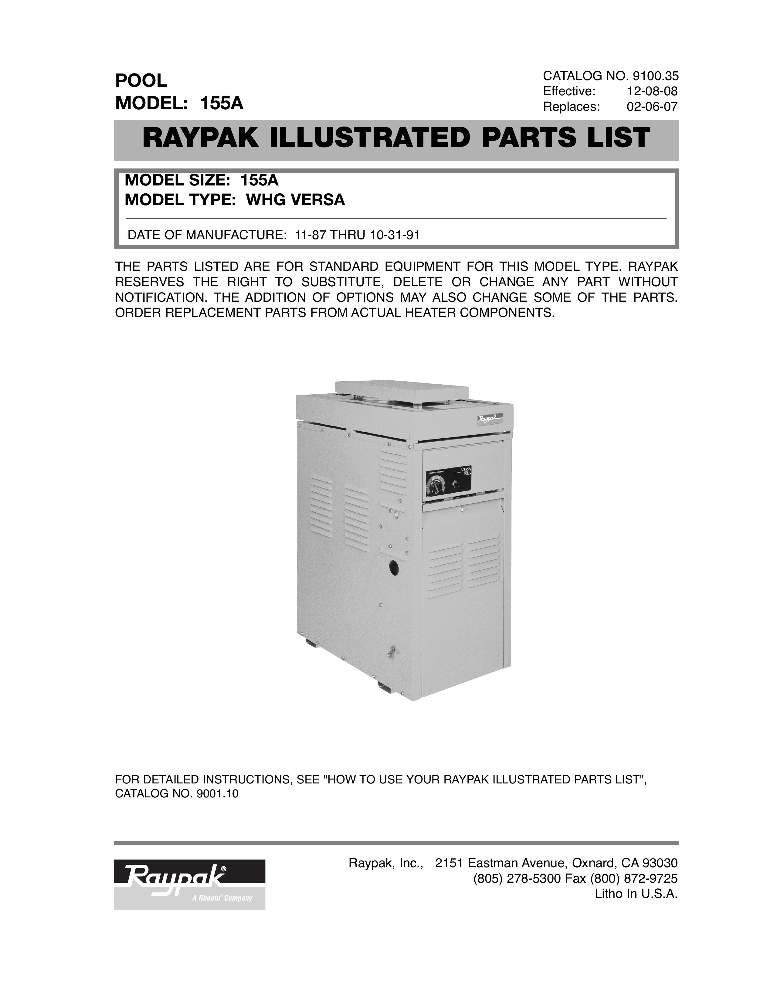 Raypak 155A Swimming Pool Heater User Manual