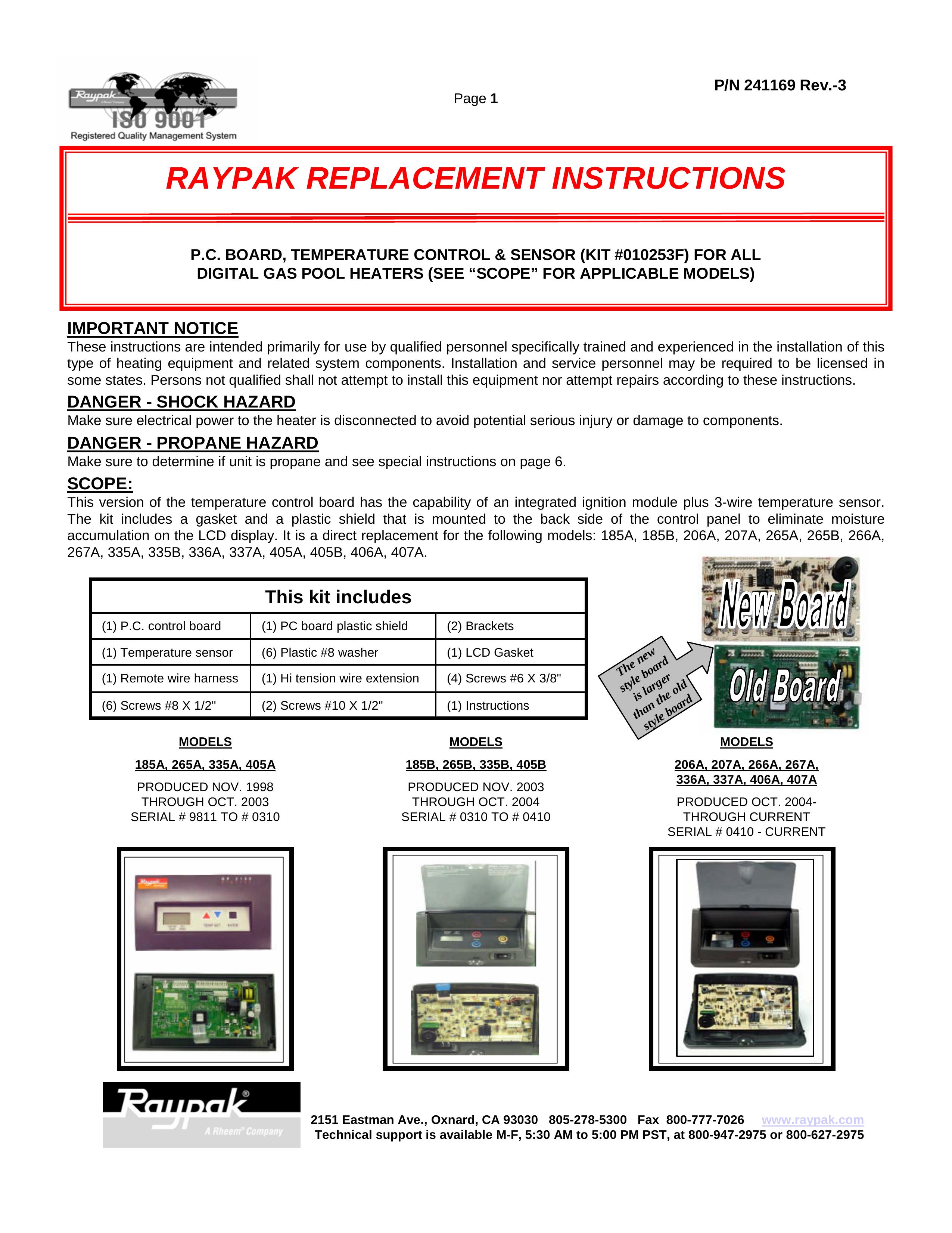 Raypak 185A Swimming Pool Heater User Manual