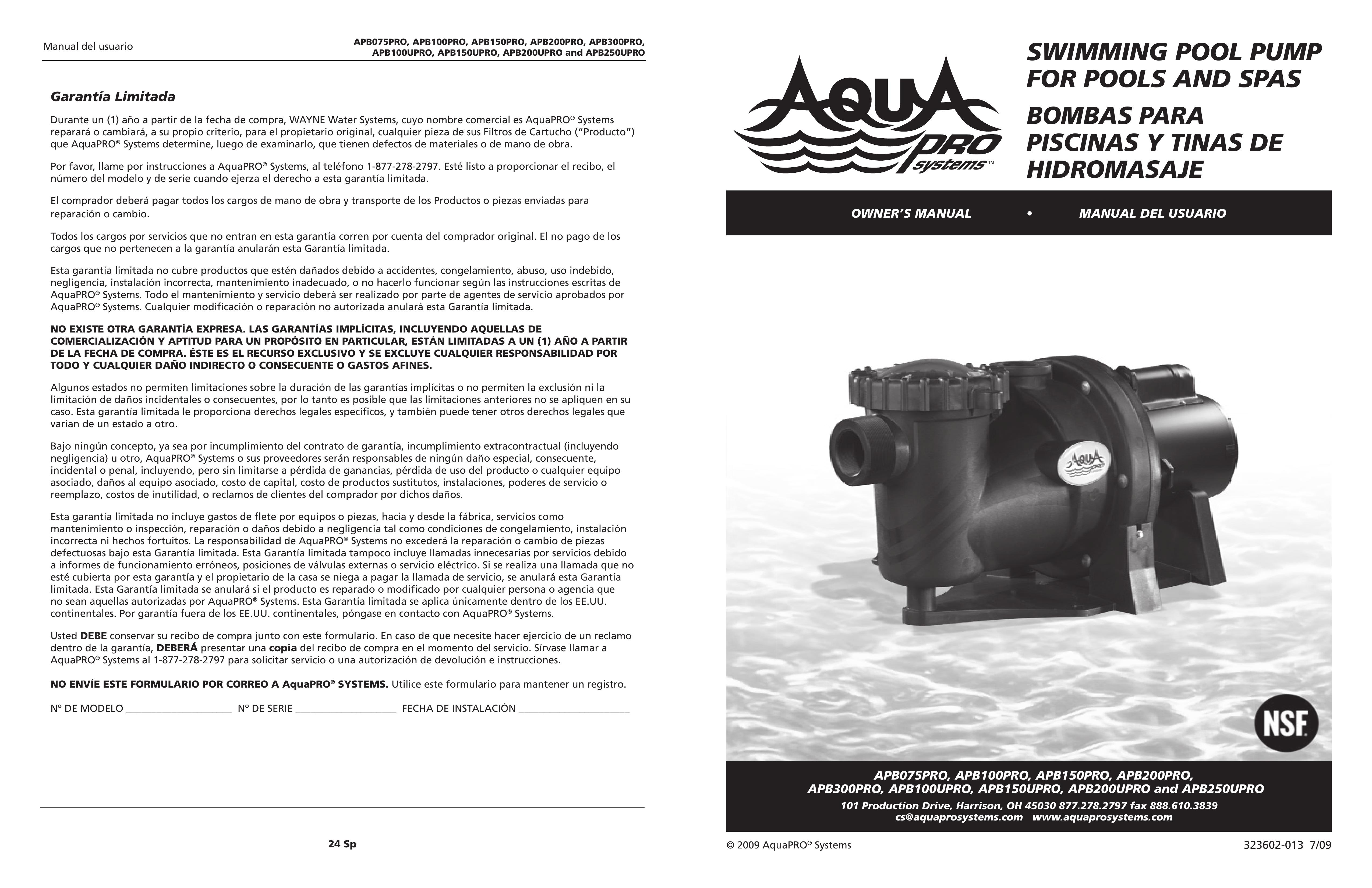 AquaPRO APB100UPRO Swimming Pool Pump User Manual