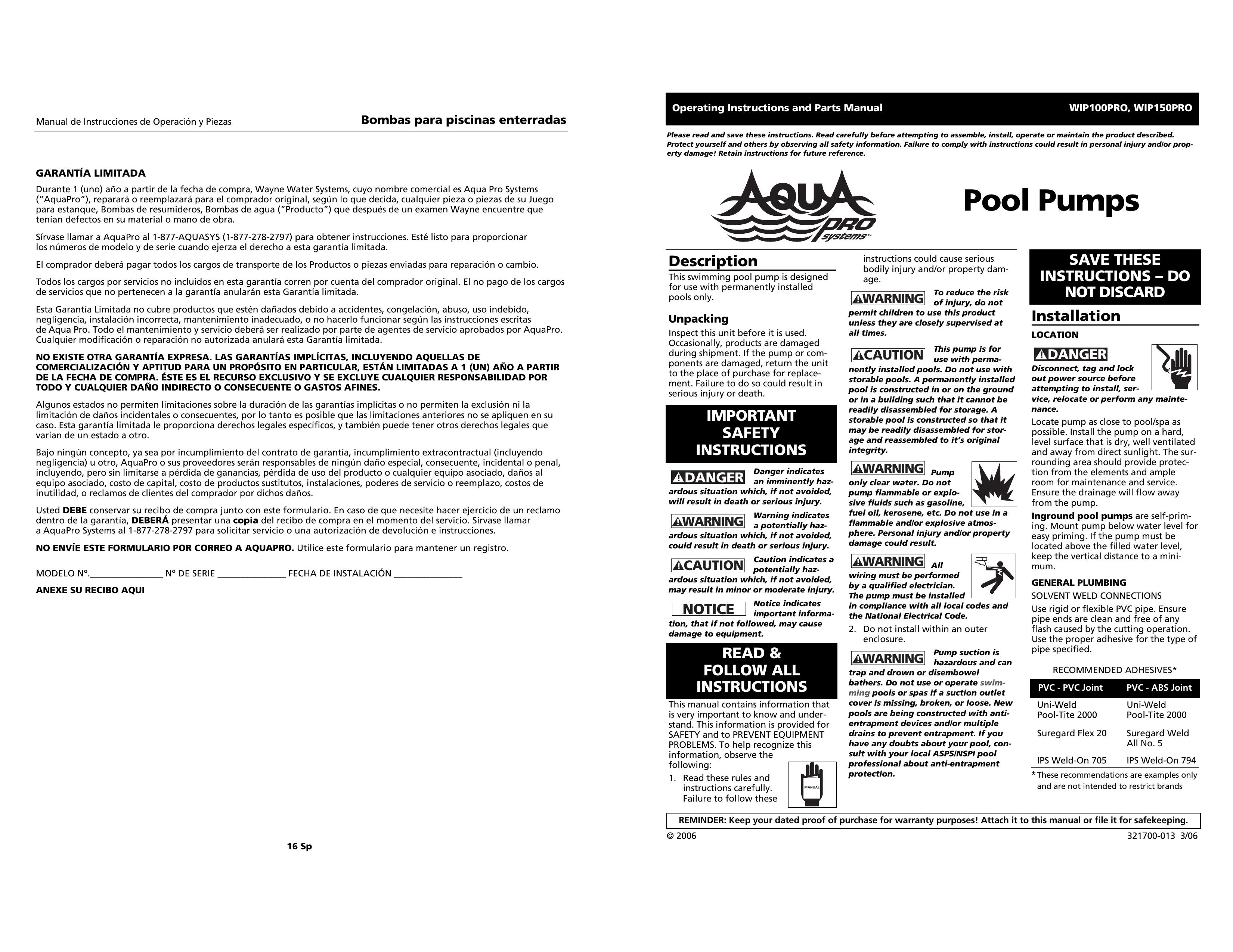 AquaPRO WIP100PRO Swimming Pool Pump User Manual