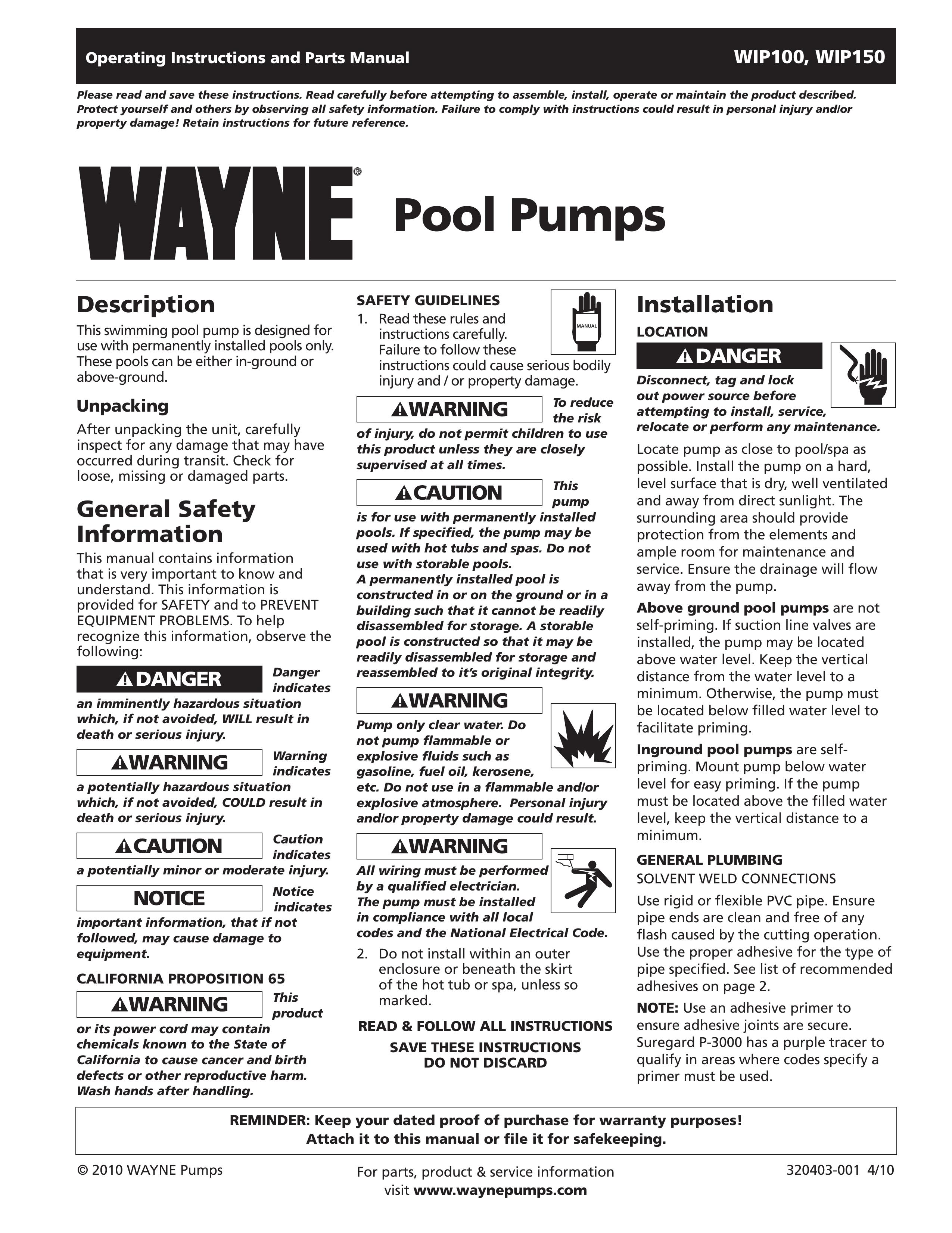 Wayne WIP100 Swimming Pool Pump User Manual