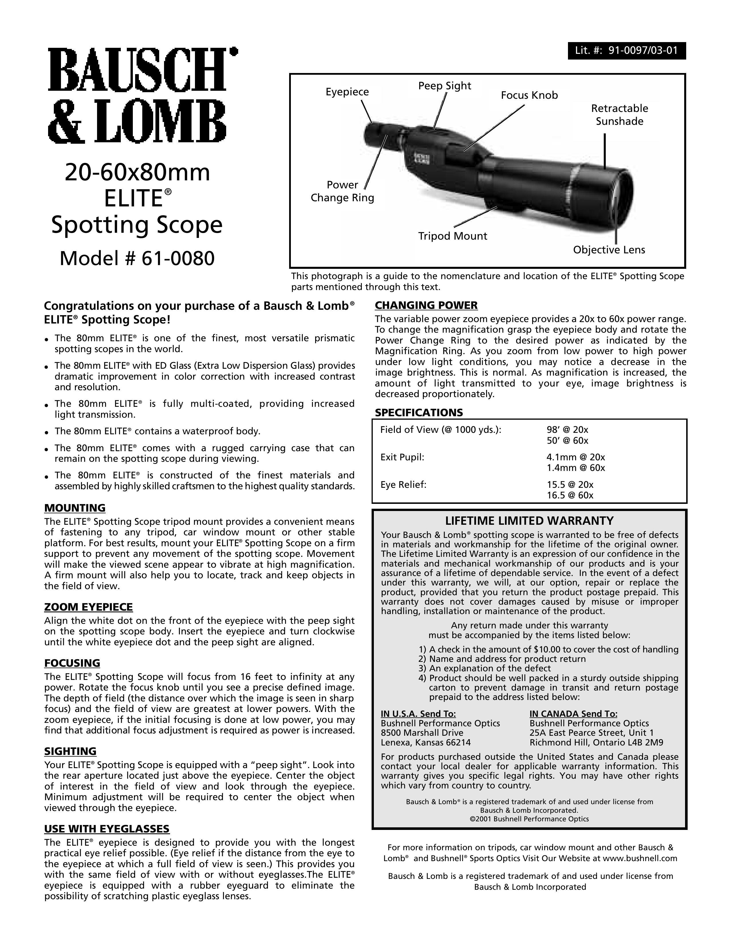Bausch & Lomb 61-0080 Telescope User Manual