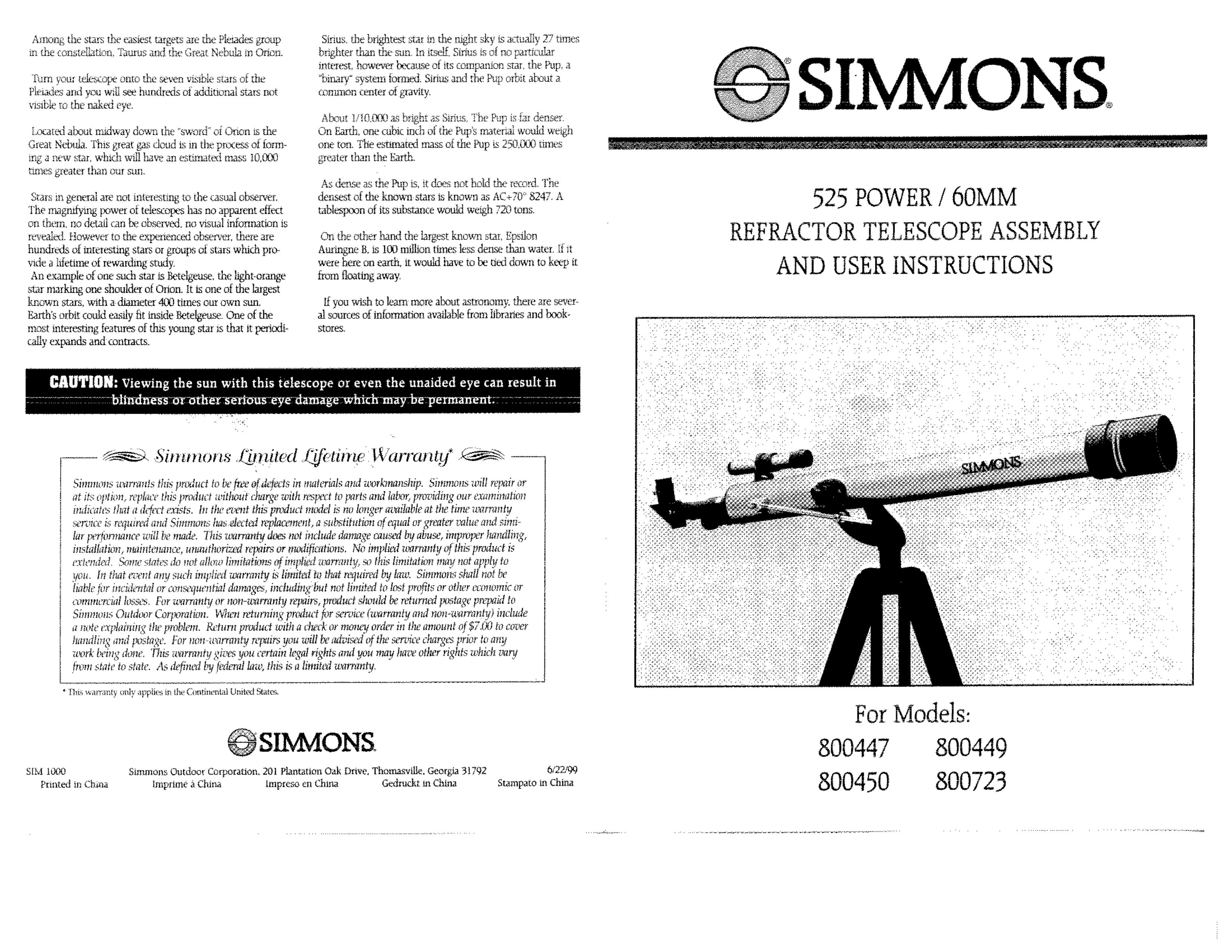 Simmons Optics 800447 Telescope User Manual