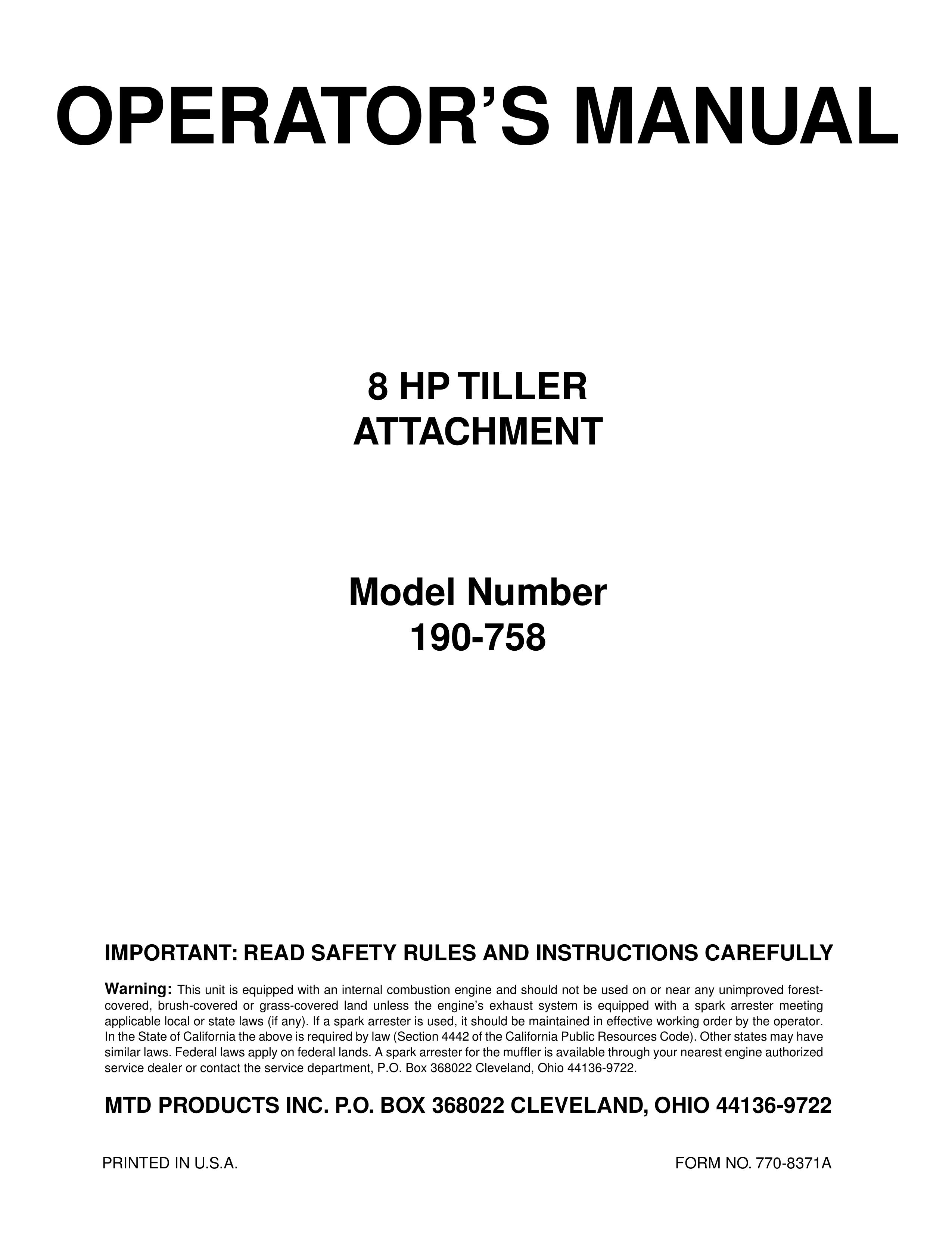 Bolens 190-758 Tiller User Manual