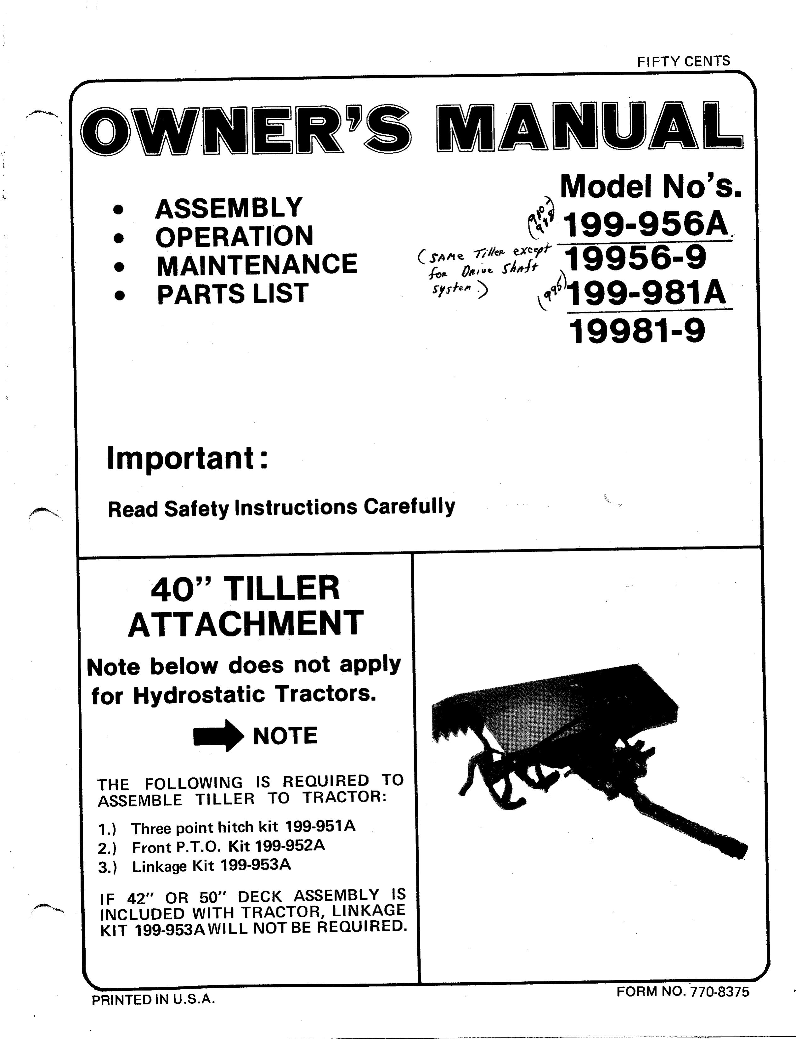 Bolens 199-956A Tiller User Manual