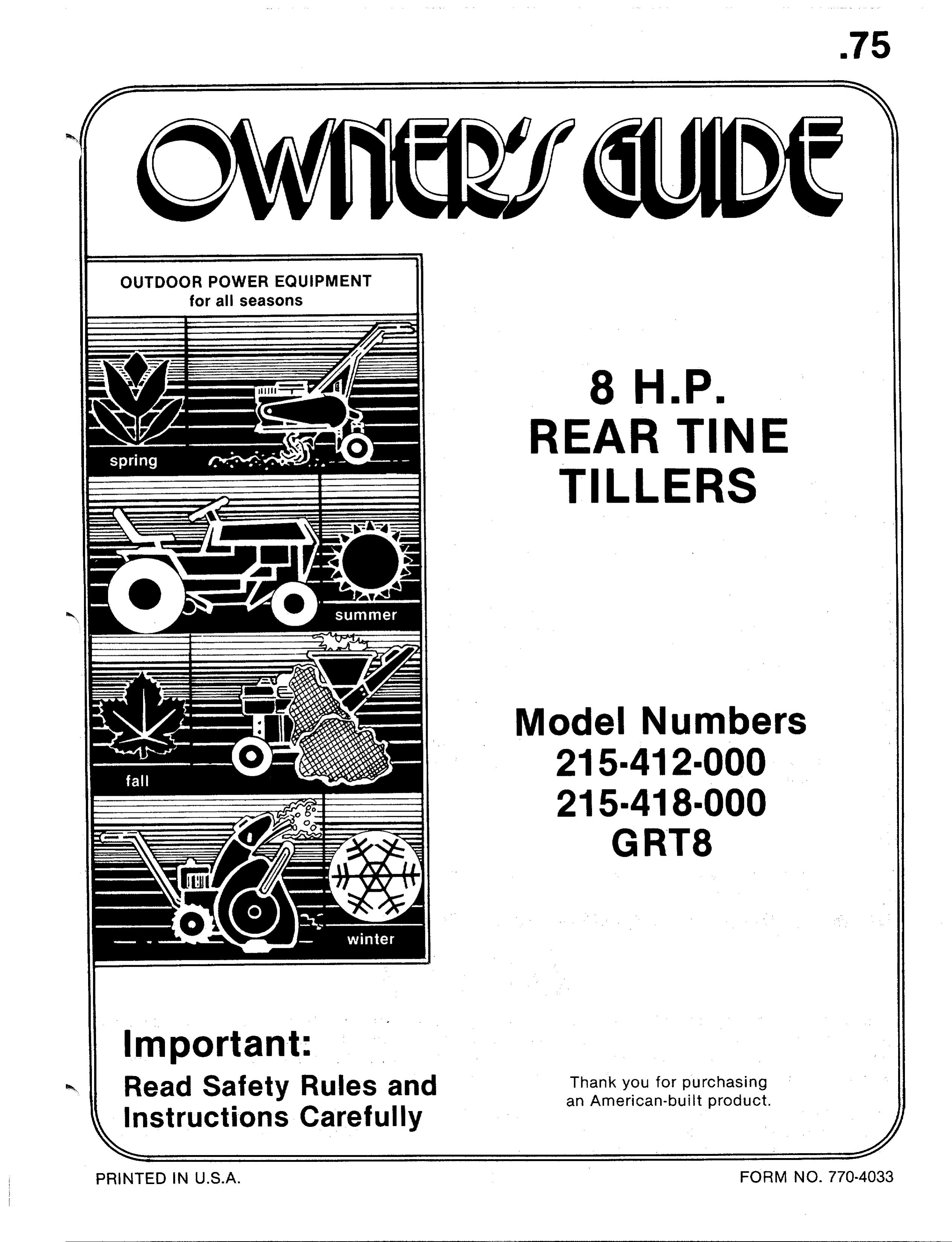 Bolens 215-412-000, 215-418-000, GRT8 Tiller User Manual