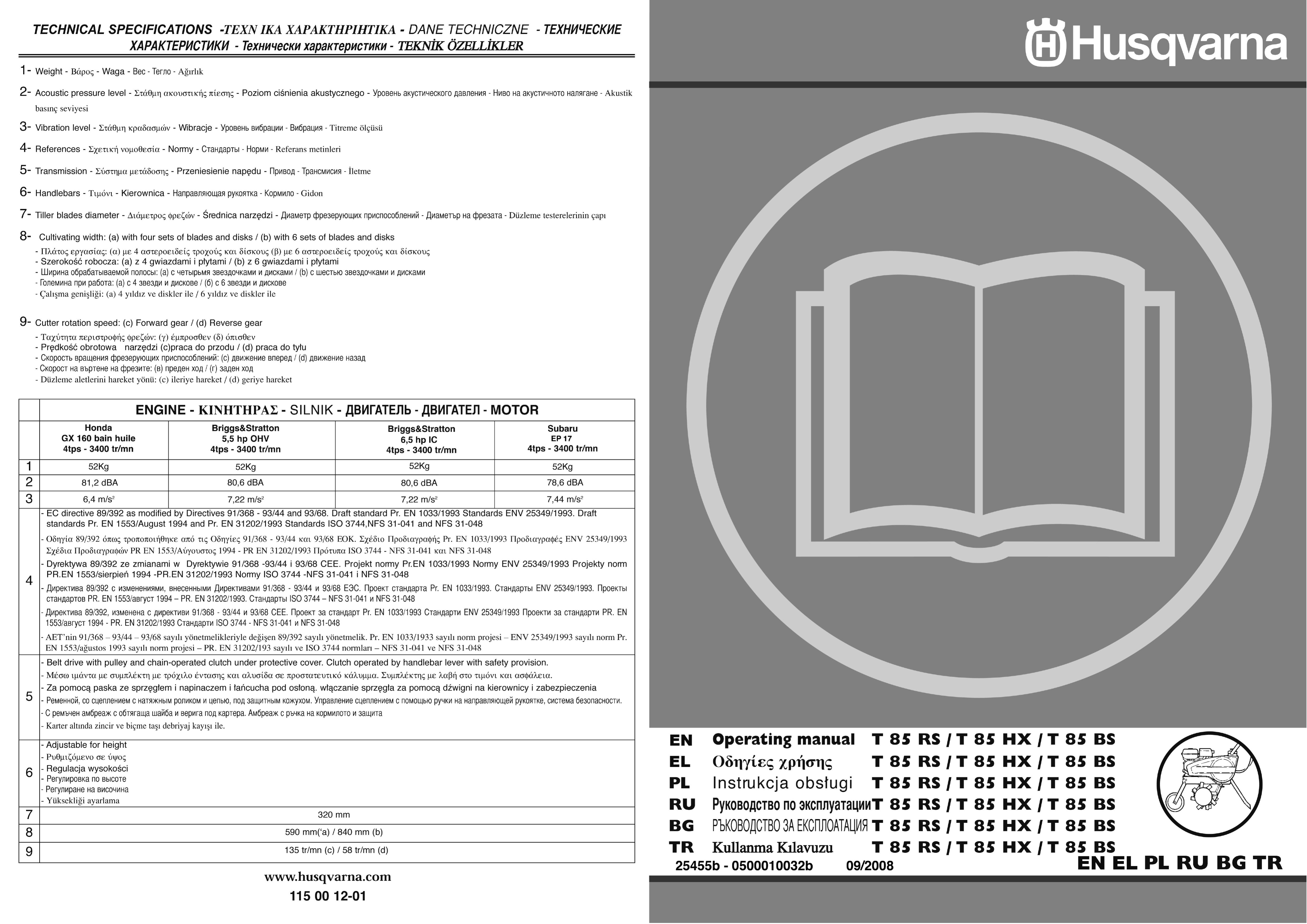 Husqvarna T85BS Tiller User Manual