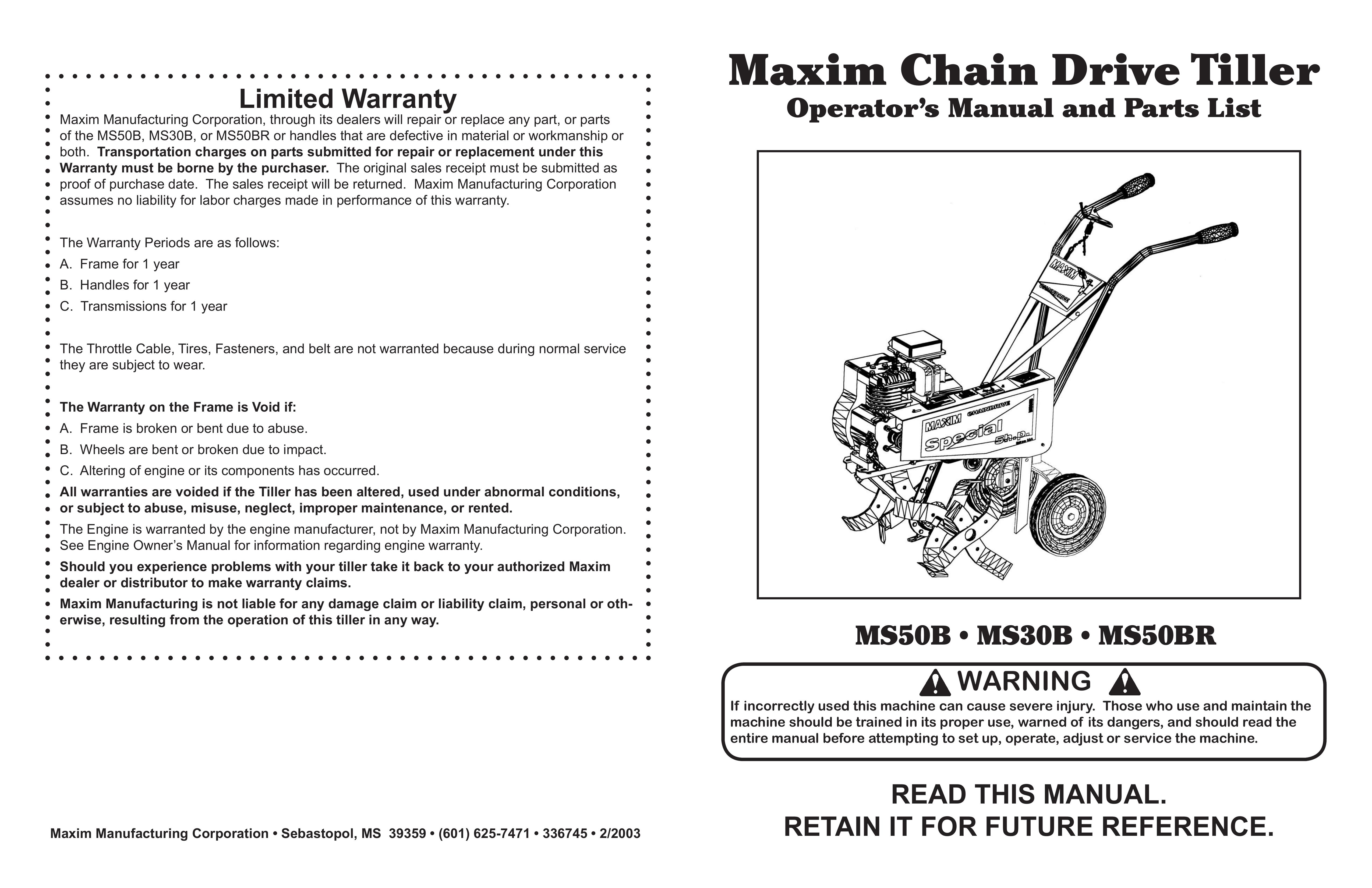 Maxim MS50B, MS30B, MS50BR Tiller User Manual