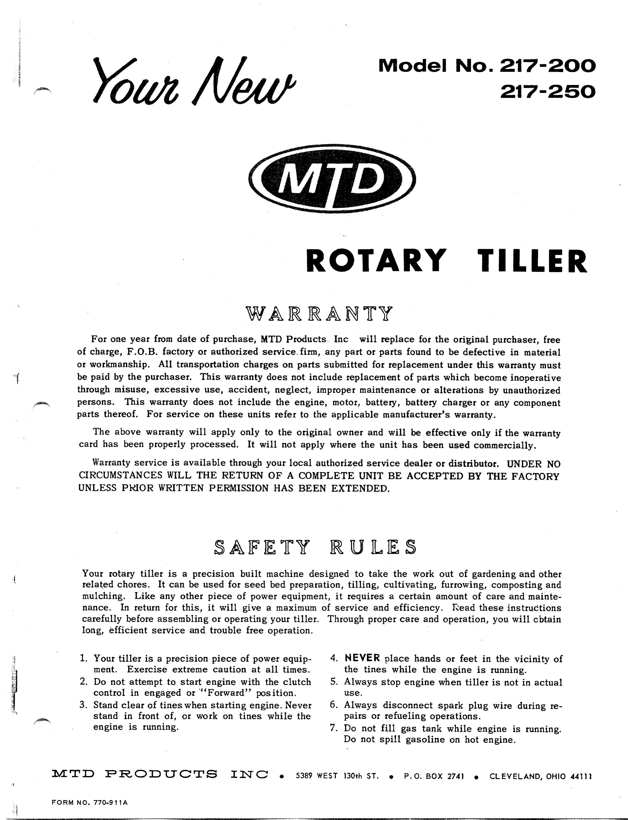 MTD 217-250 Tiller User Manual