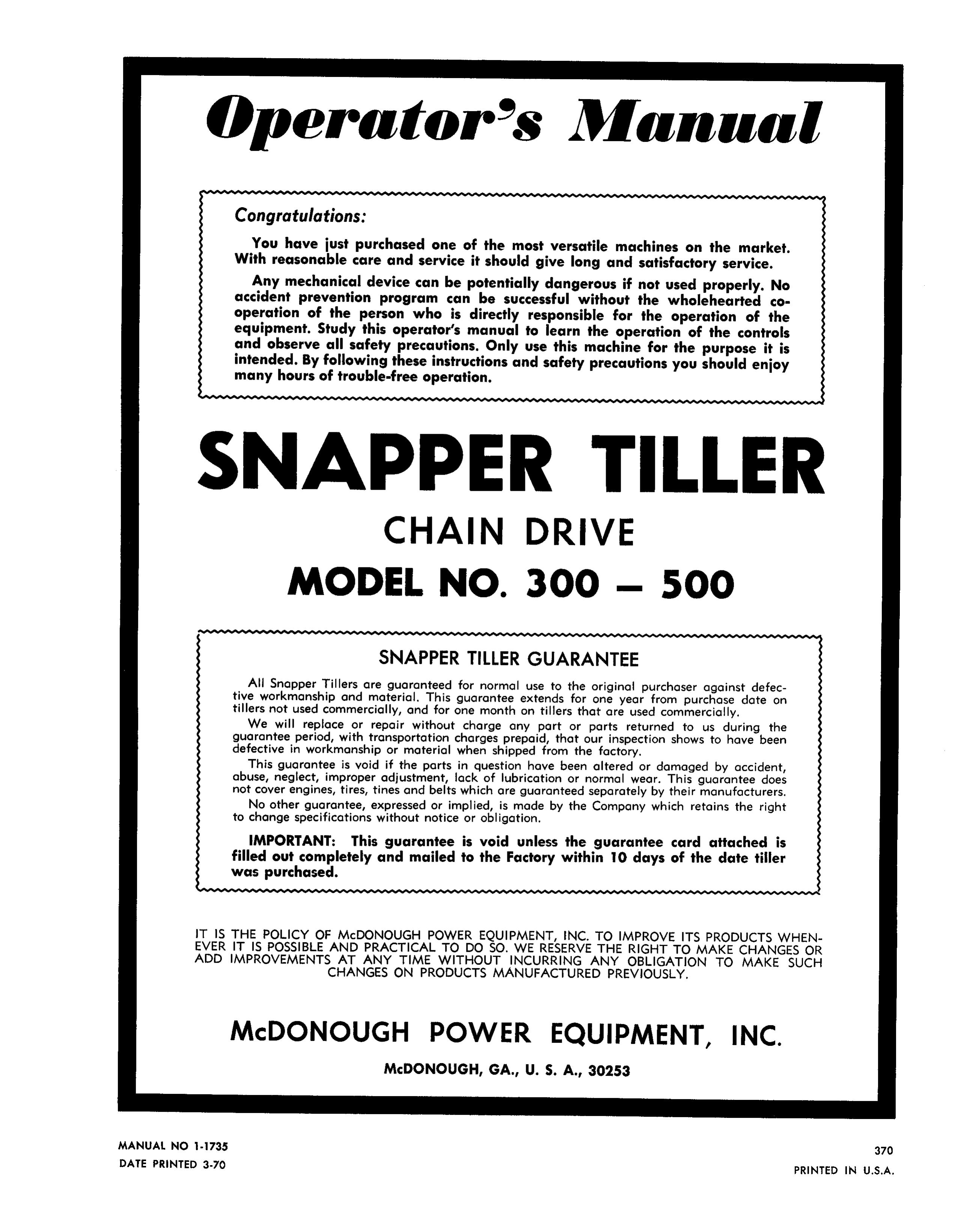 Snapper 300-500 Tiller User Manual
