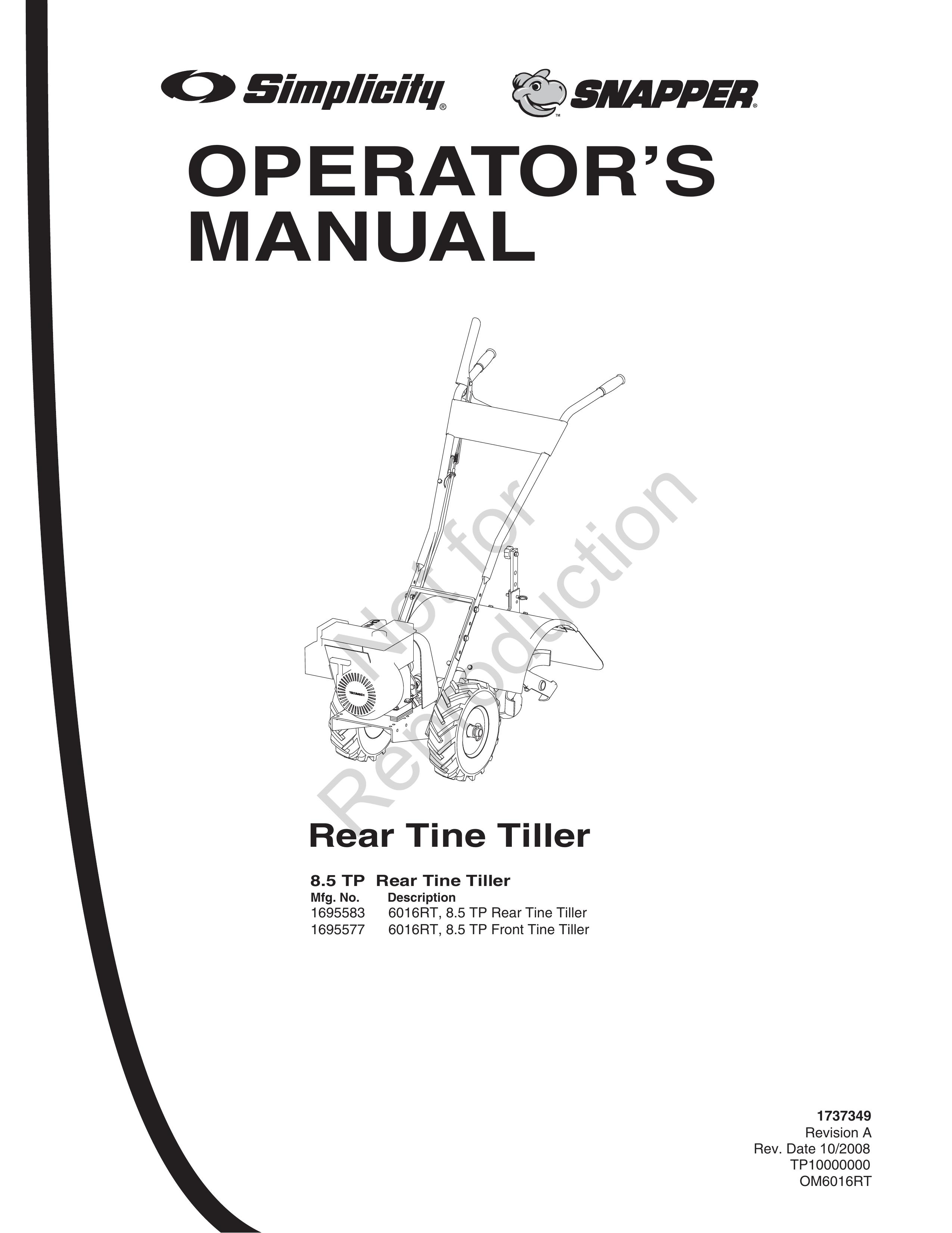 Snapper 8.5 TP Tiller User Manual