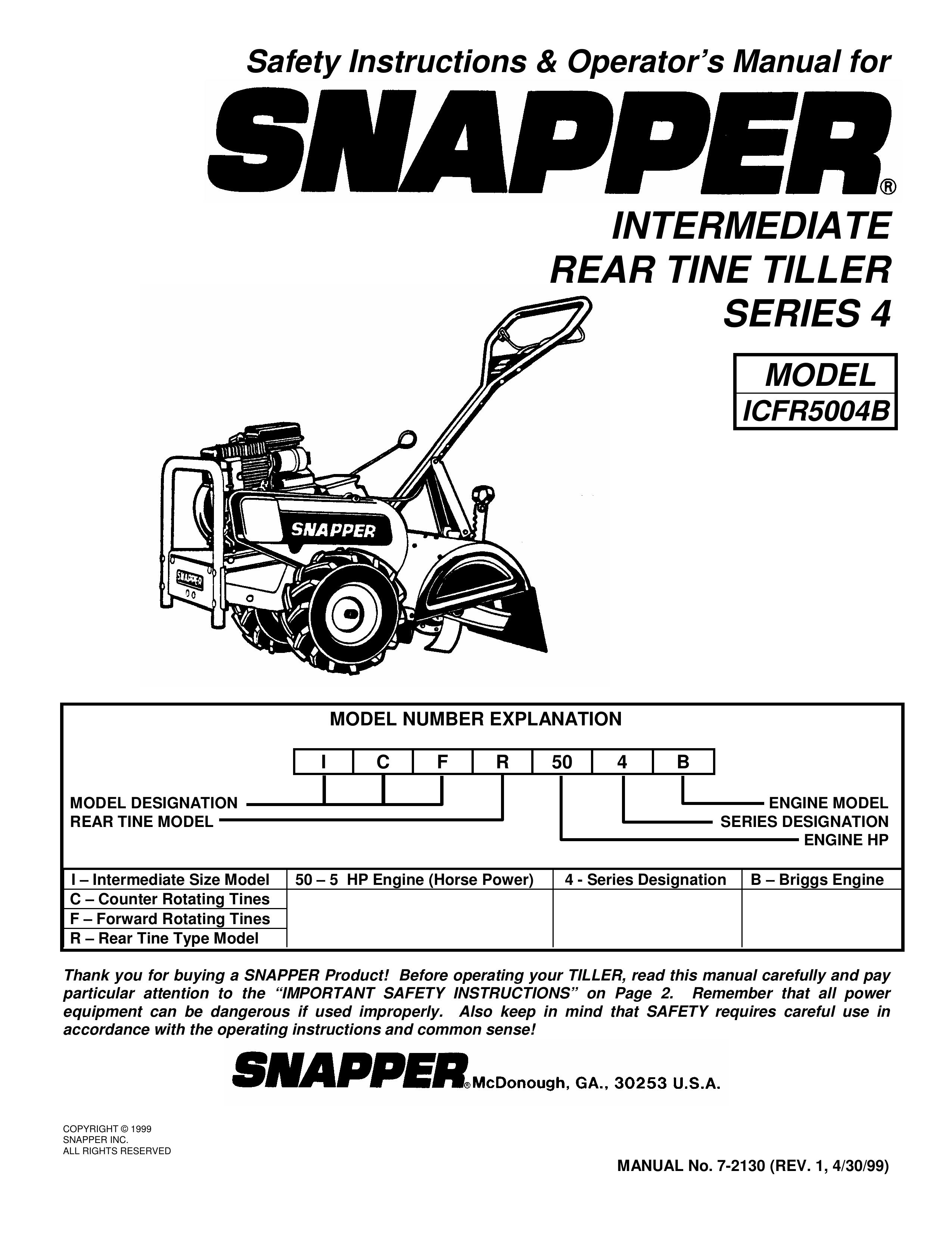 Snapper ICFR5004B Tiller User Manual