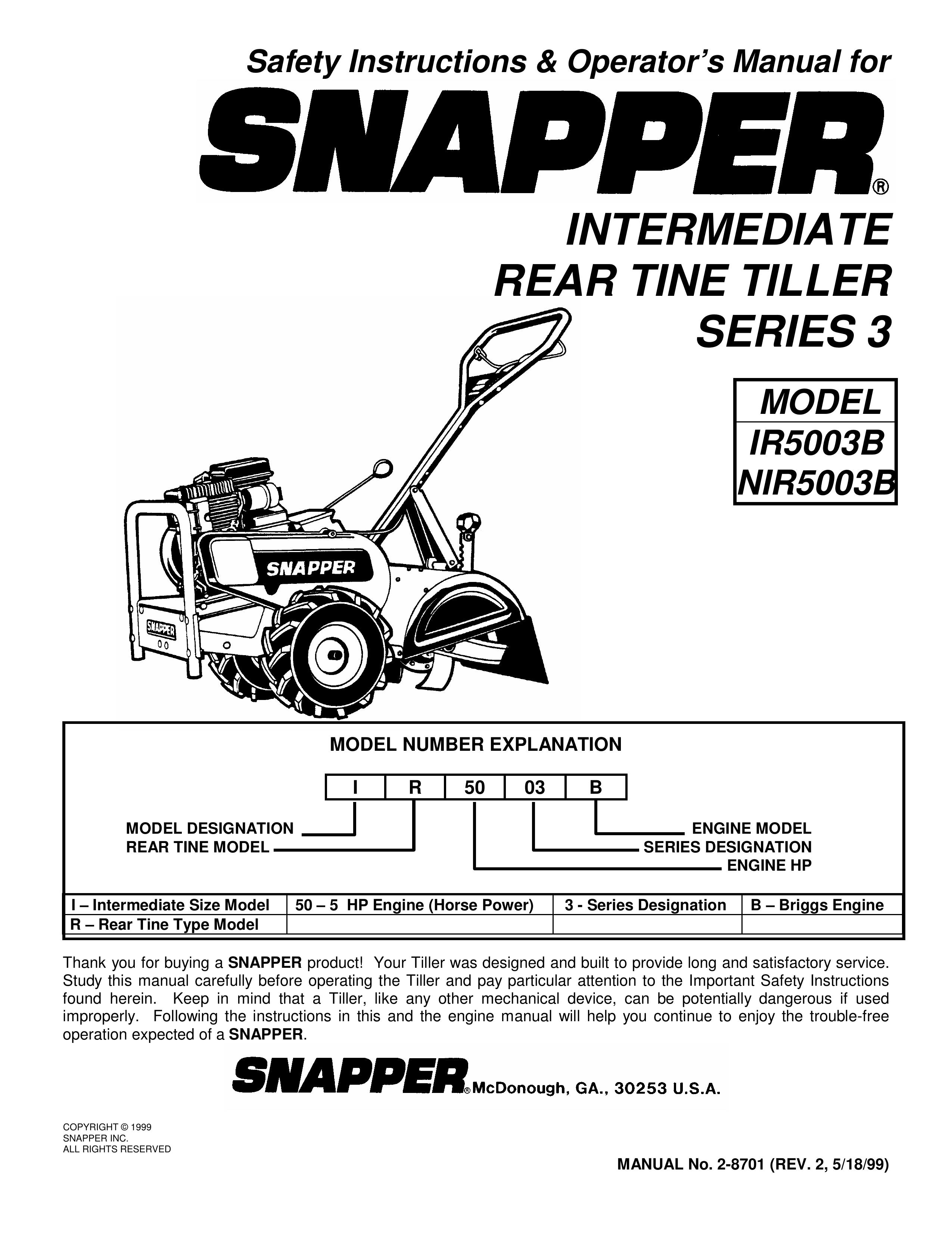 Snapper IR5003B, NIR5003B Tiller User Manual