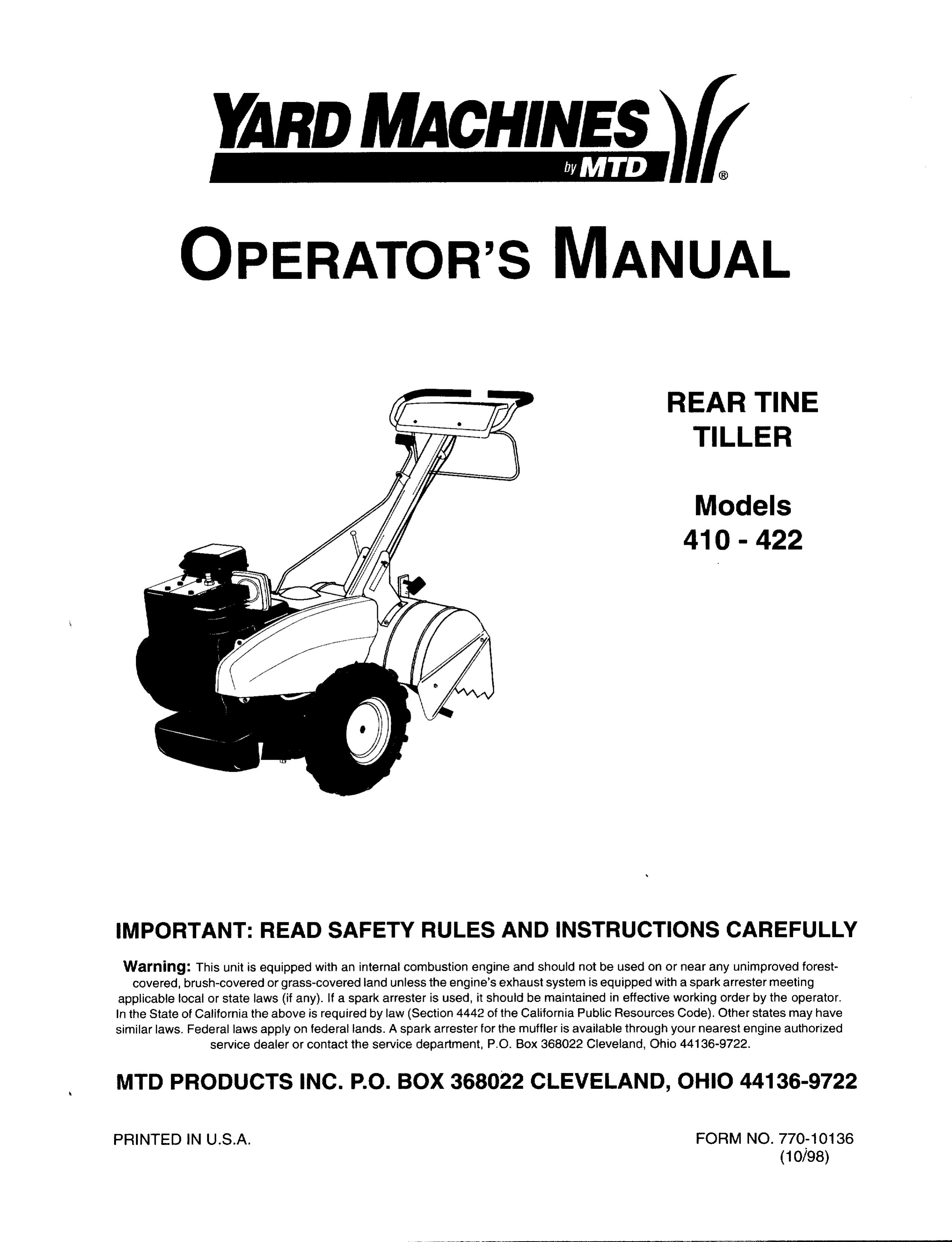 Yard Machines 422 Tiller User Manual