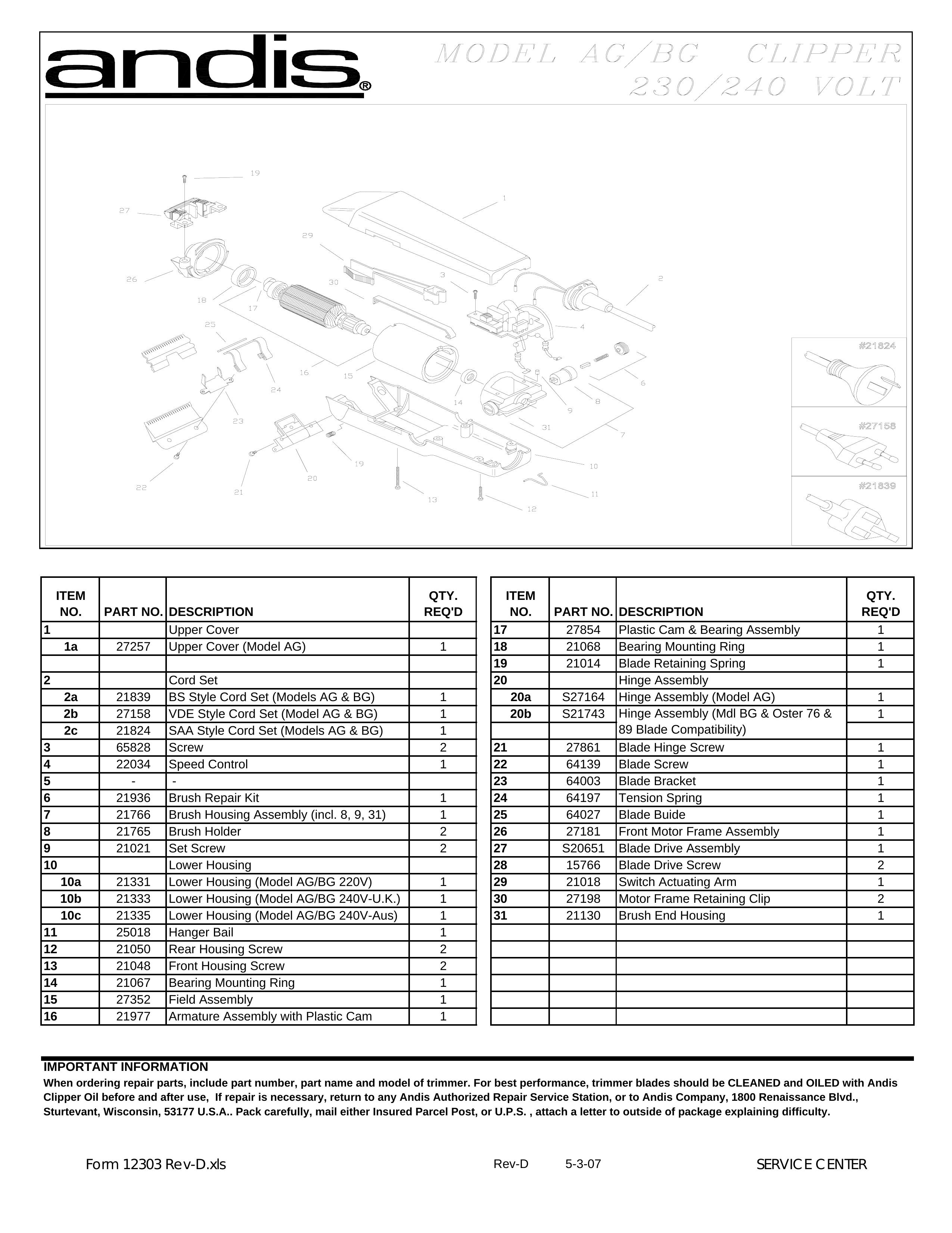 Andis Company BG Trimmer User Manual