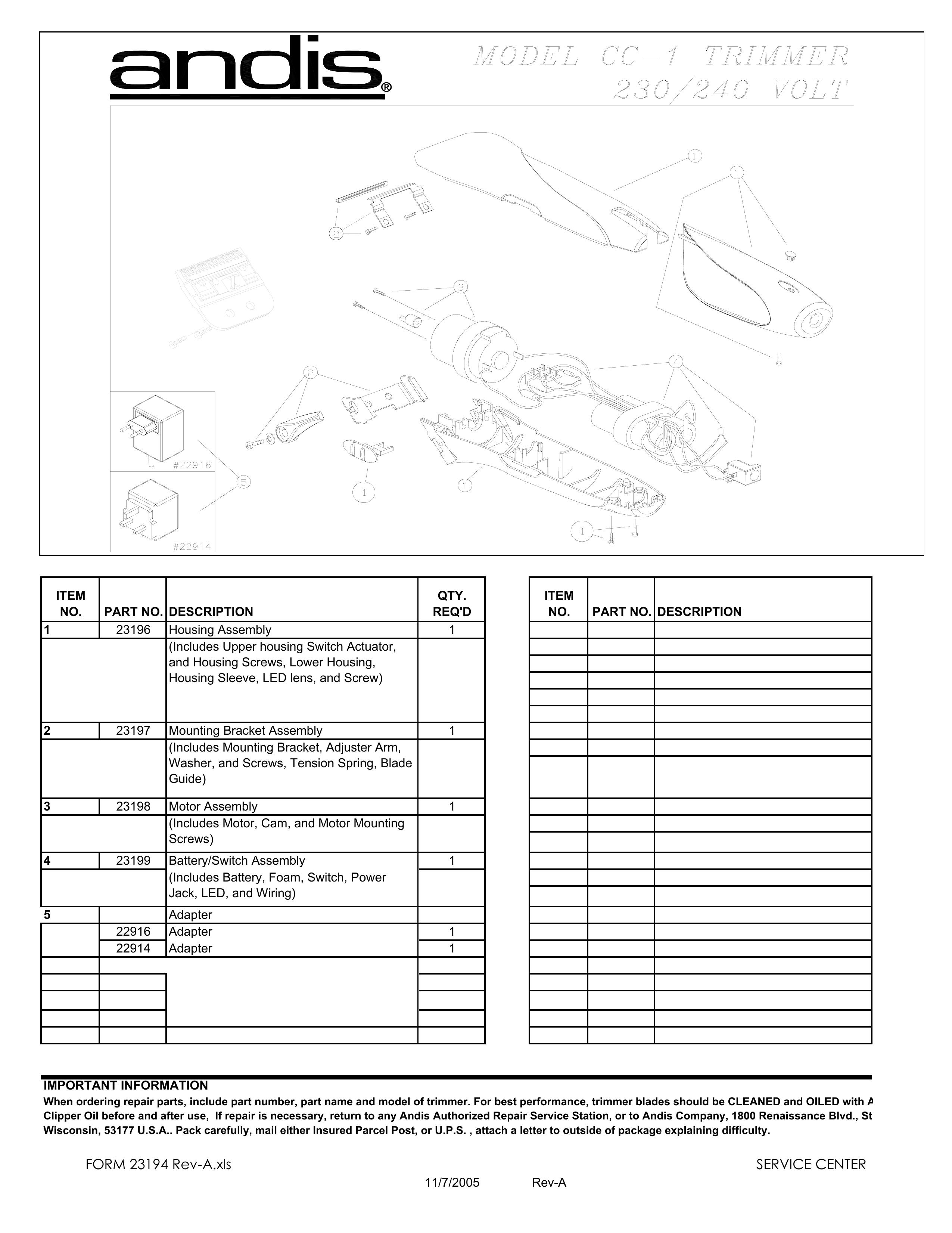 Andis Company CC-1 Trimmer User Manual
