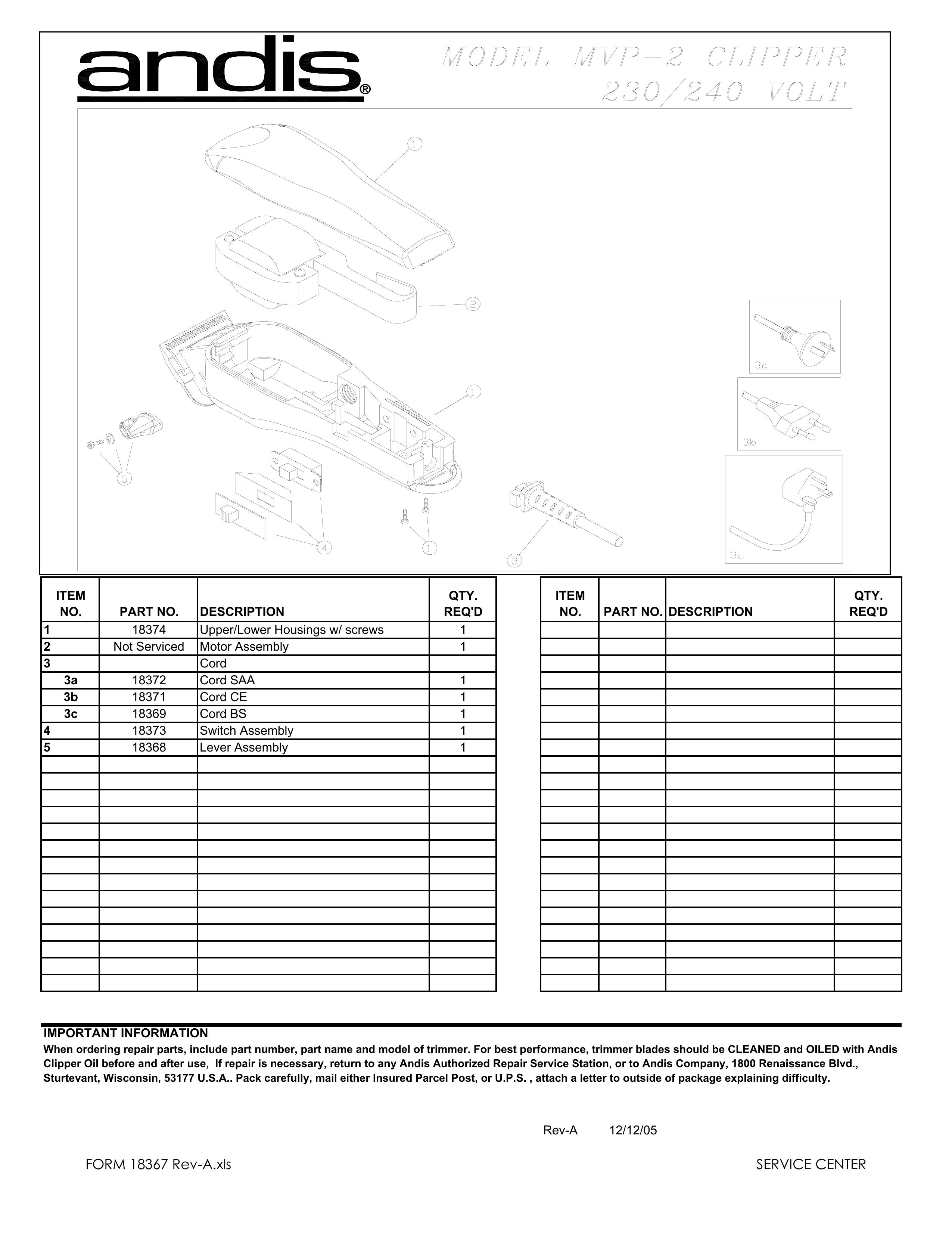 Andis Company MVP-2 Trimmer User Manual