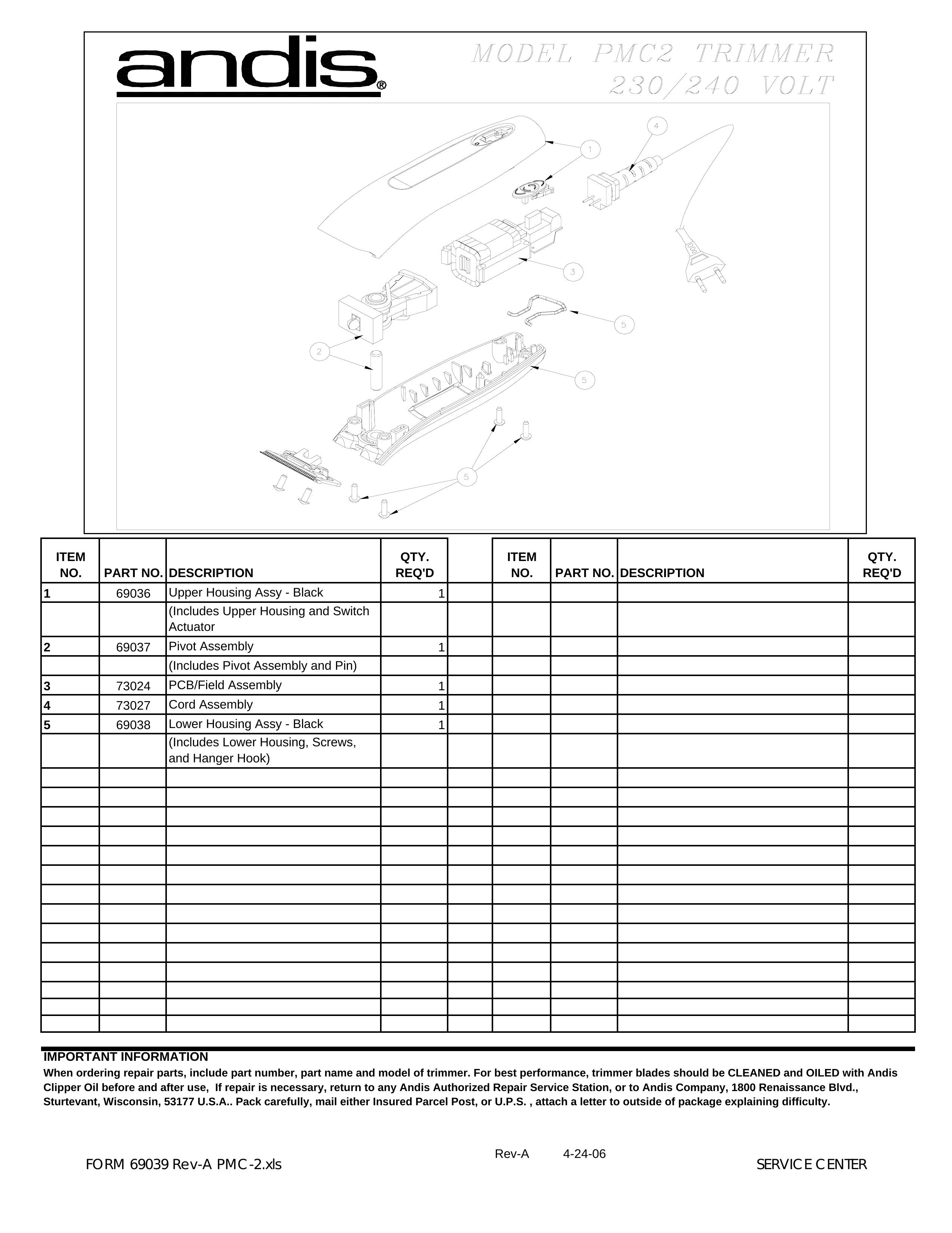 Andis Company PMC-2 Trimmer User Manual