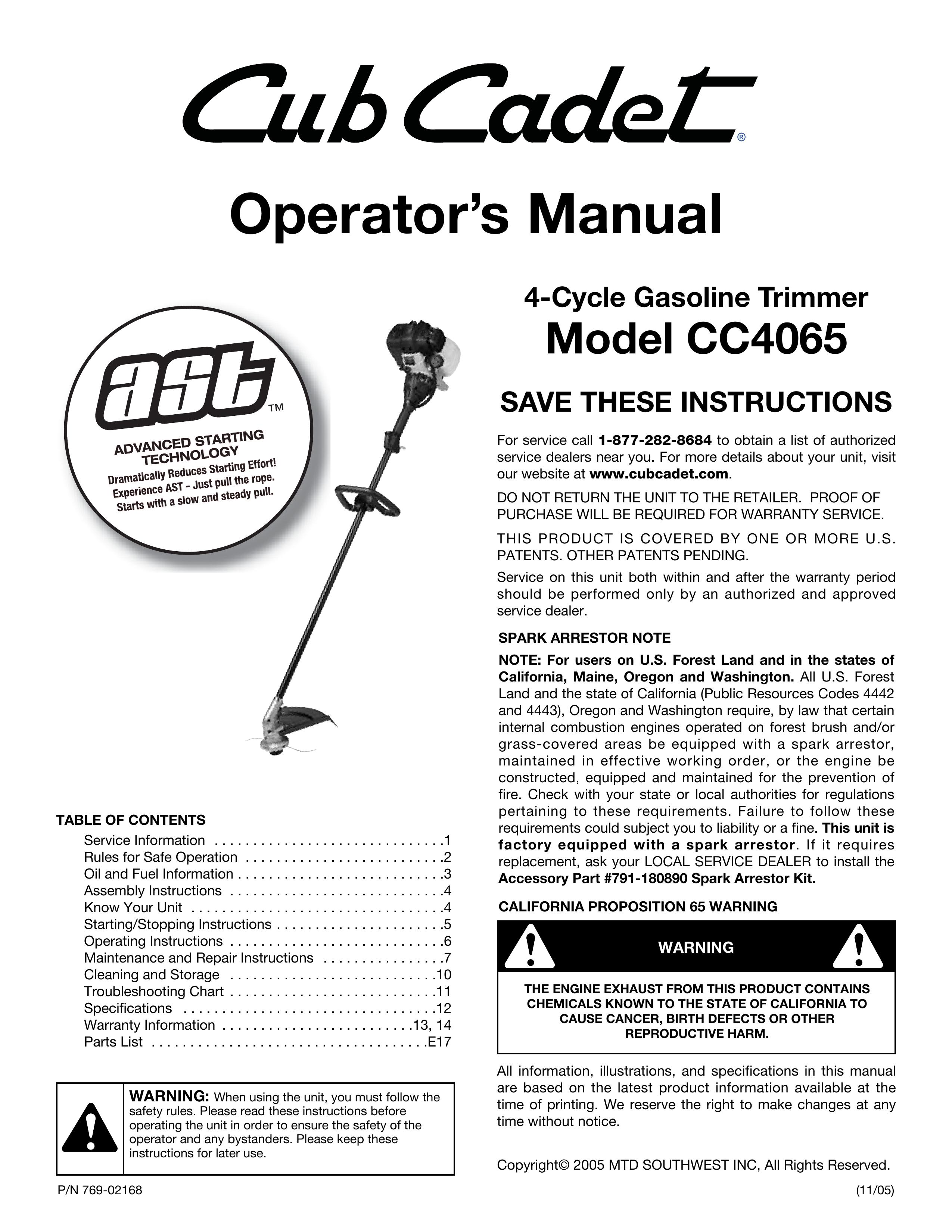 Cub Cadet CC4065 Trimmer User Manual