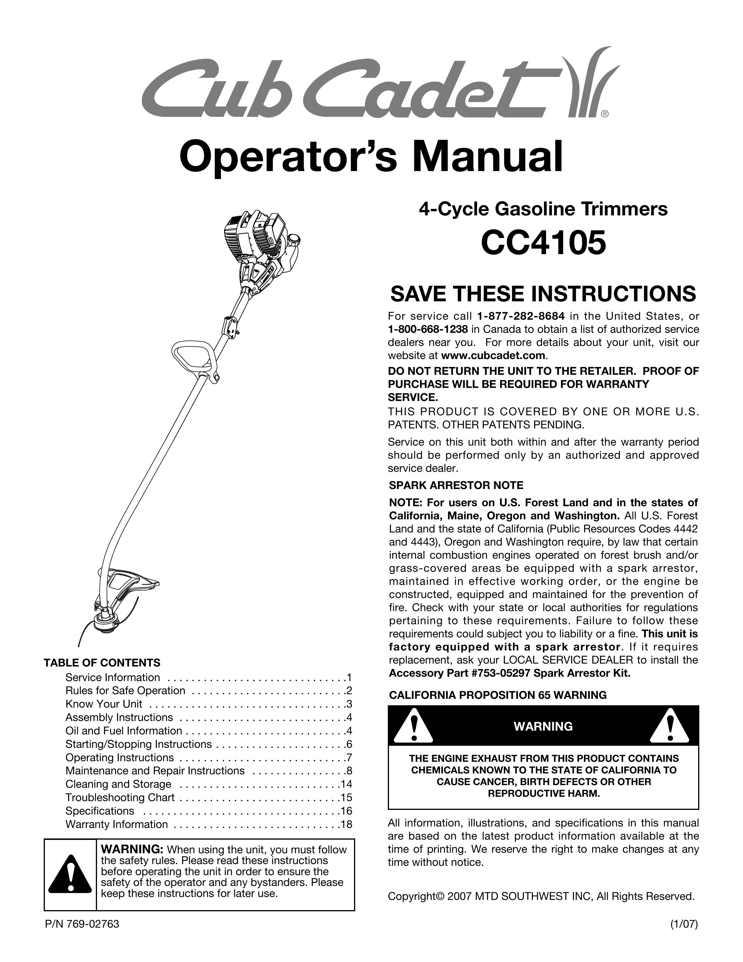 Cub Cadet CC4105 Trimmer User Manual