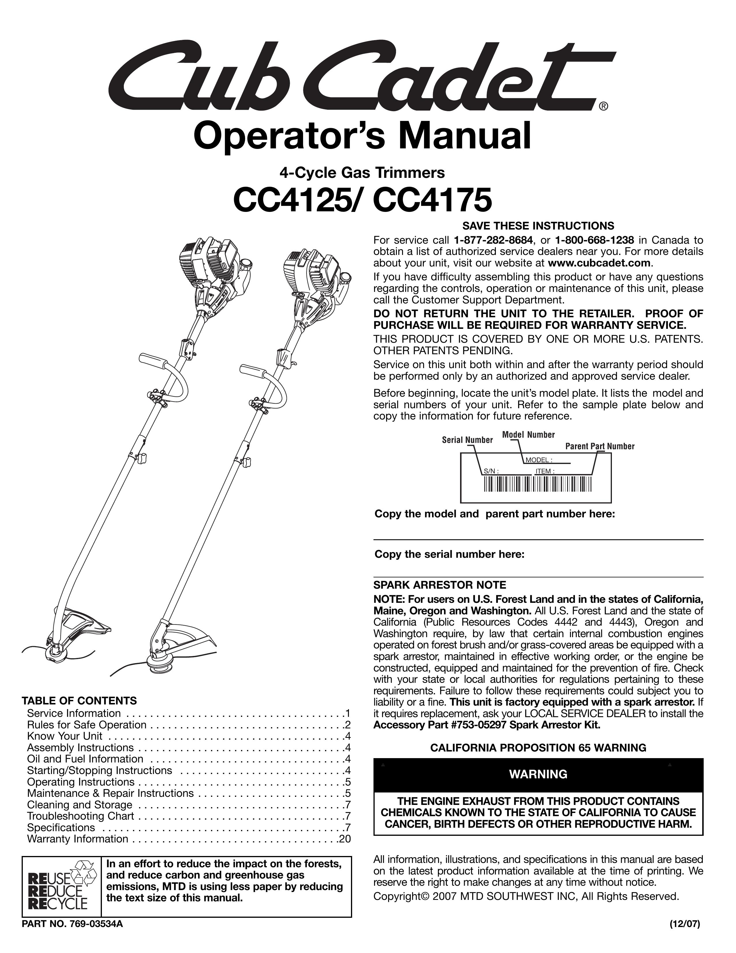 Cub Cadet CC4125 Trimmer User Manual