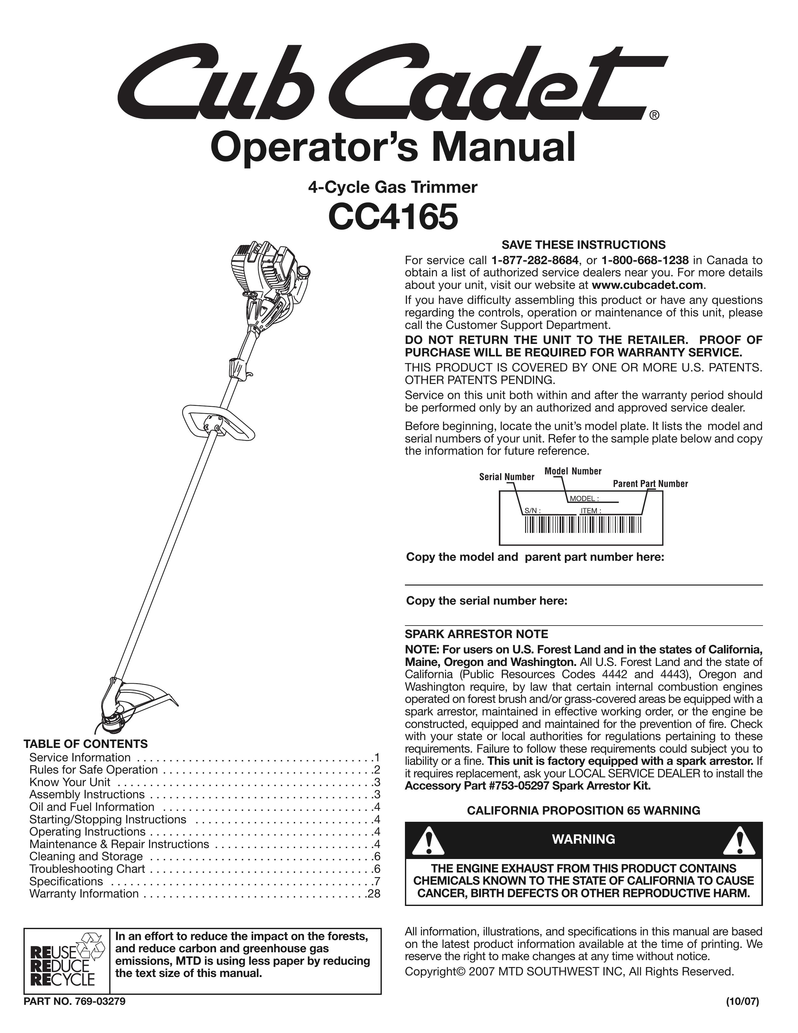 Cub Cadet CC4165 Trimmer User Manual
