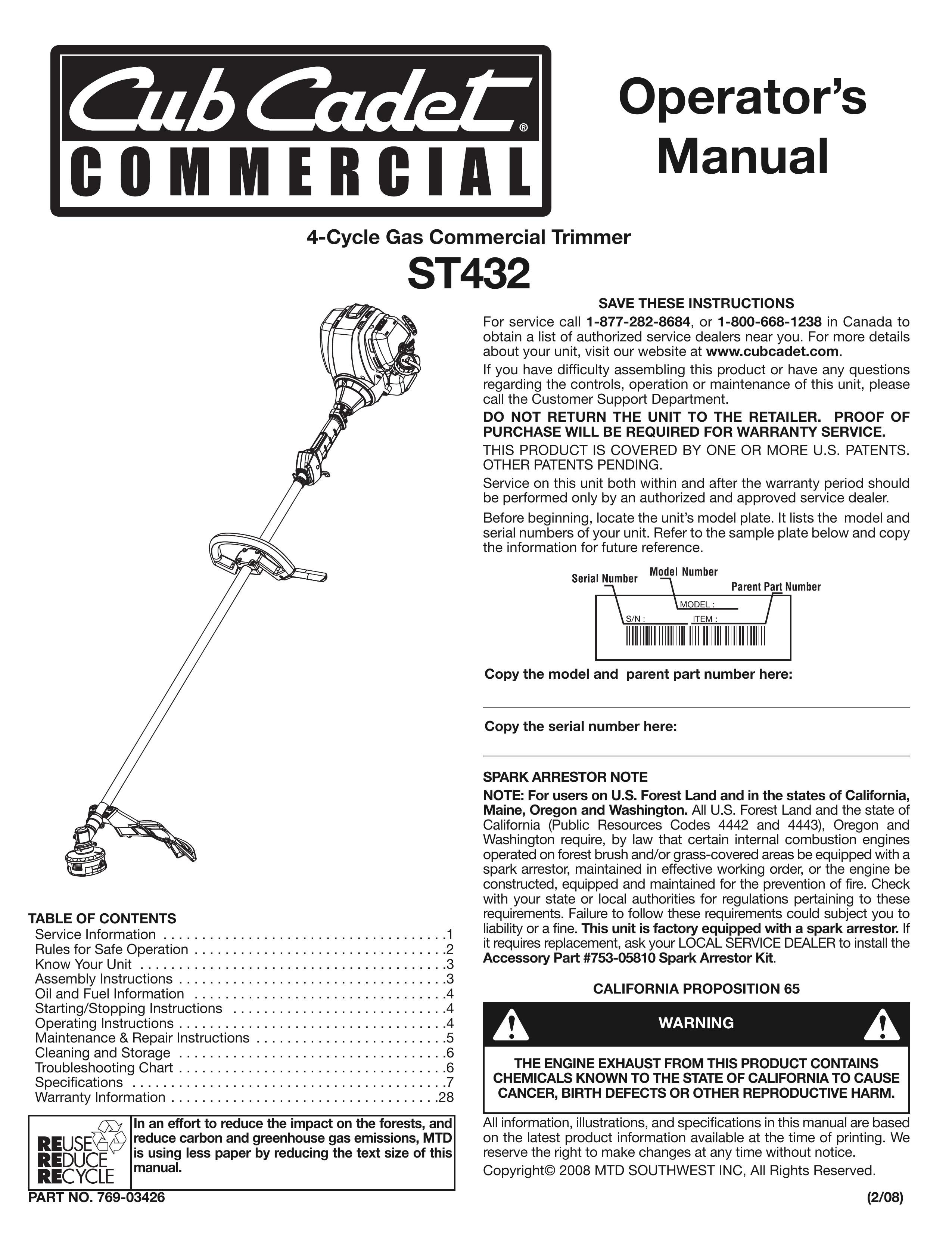 Cub Cadet ST432 Trimmer User Manual