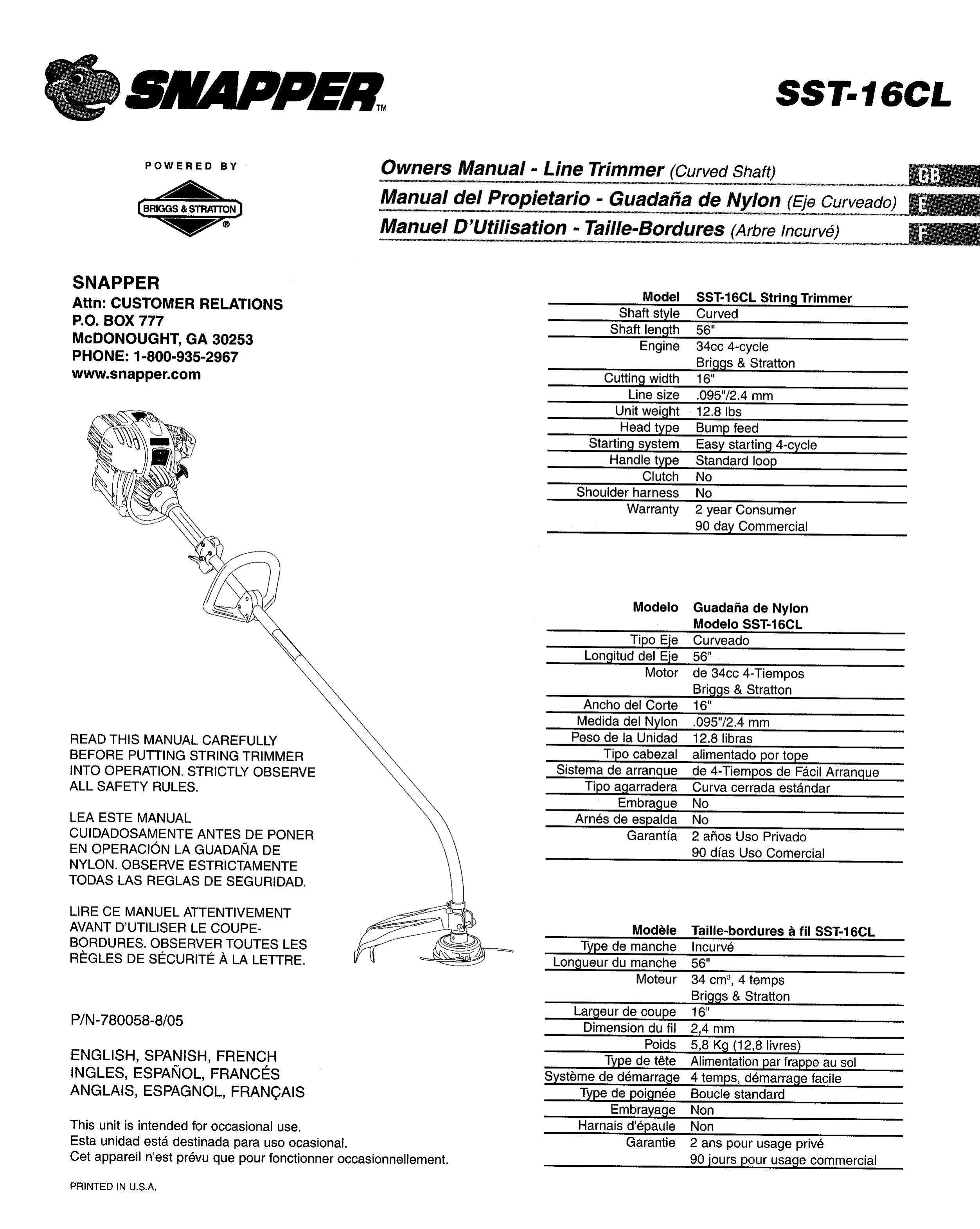Snapper SST-16CL Trimmer User Manual