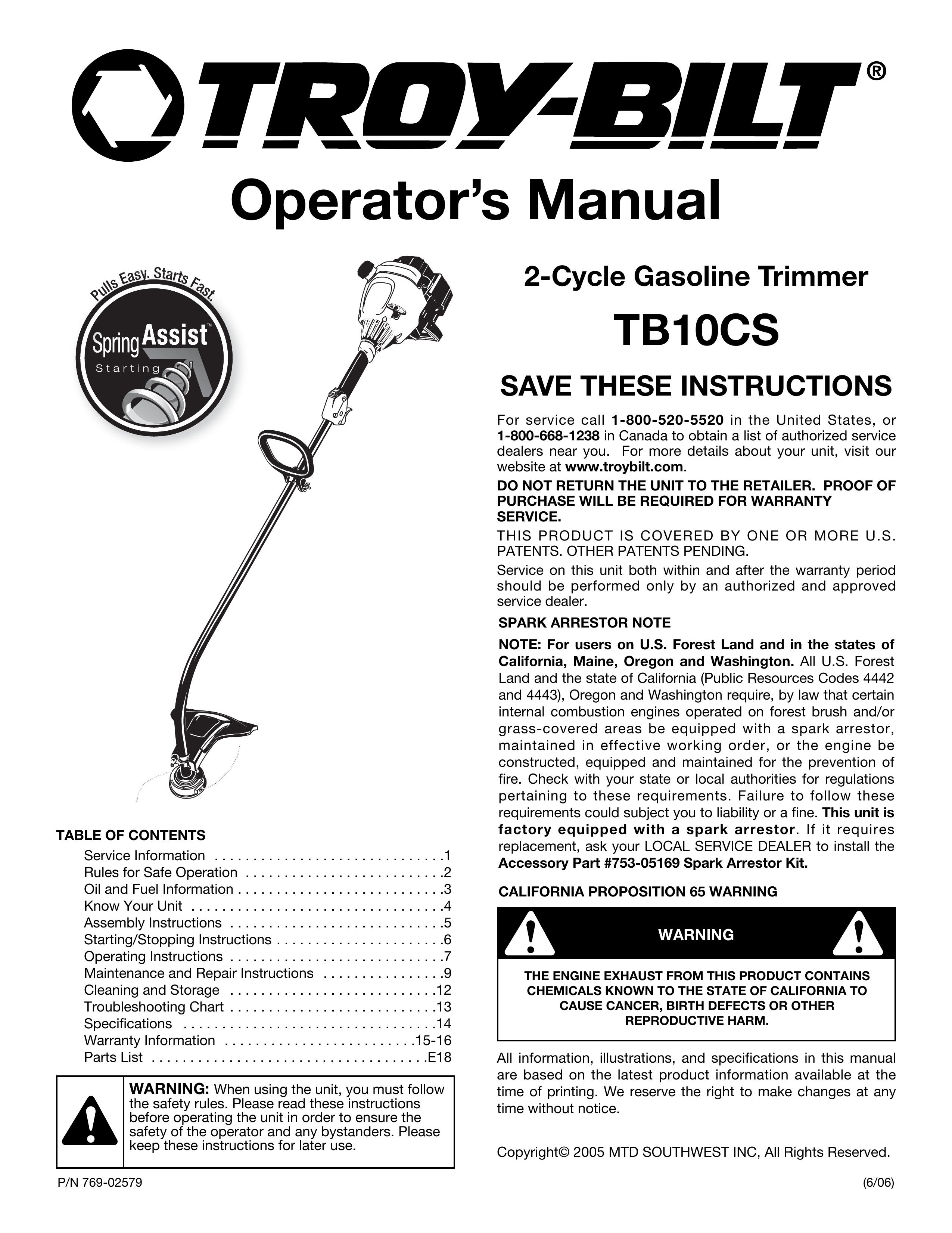 Troy-Bilt TB10CS Trimmer User Manual