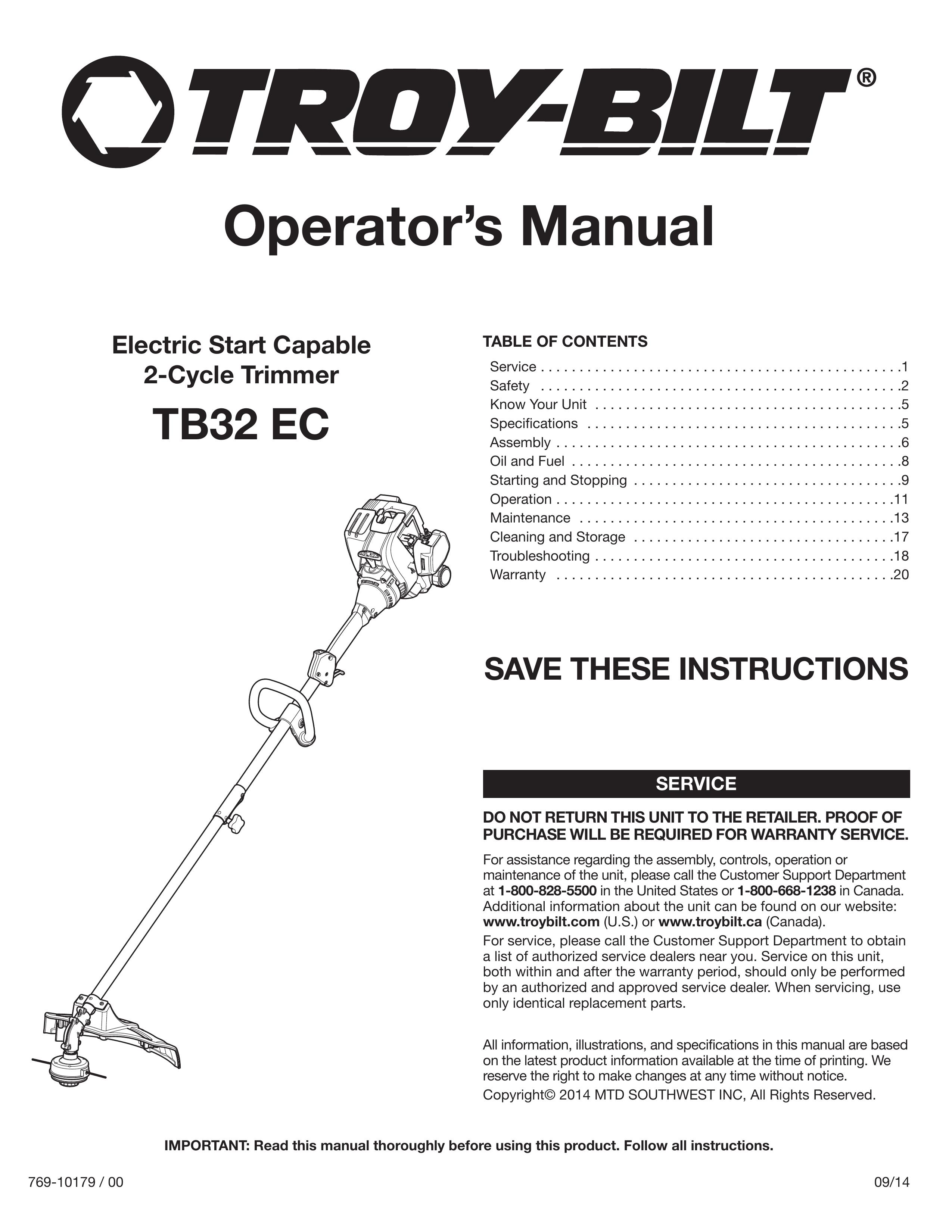 Troy-Bilt TB32 EC Trimmer User Manual