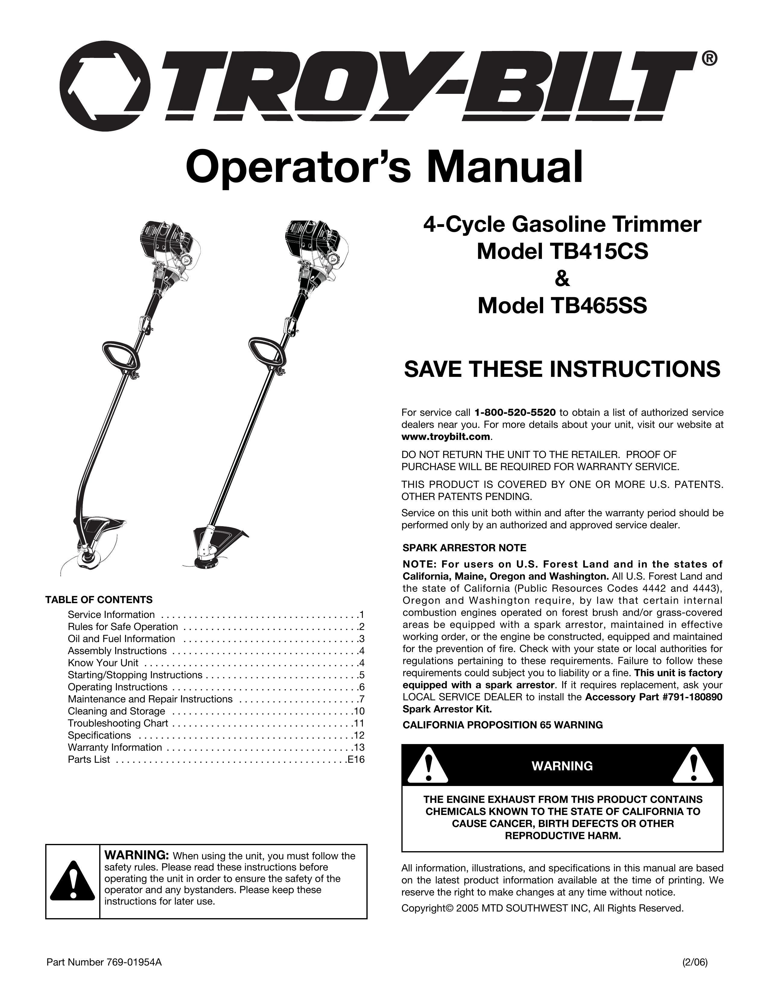Troy-Bilt TB465SS Trimmer User Manual