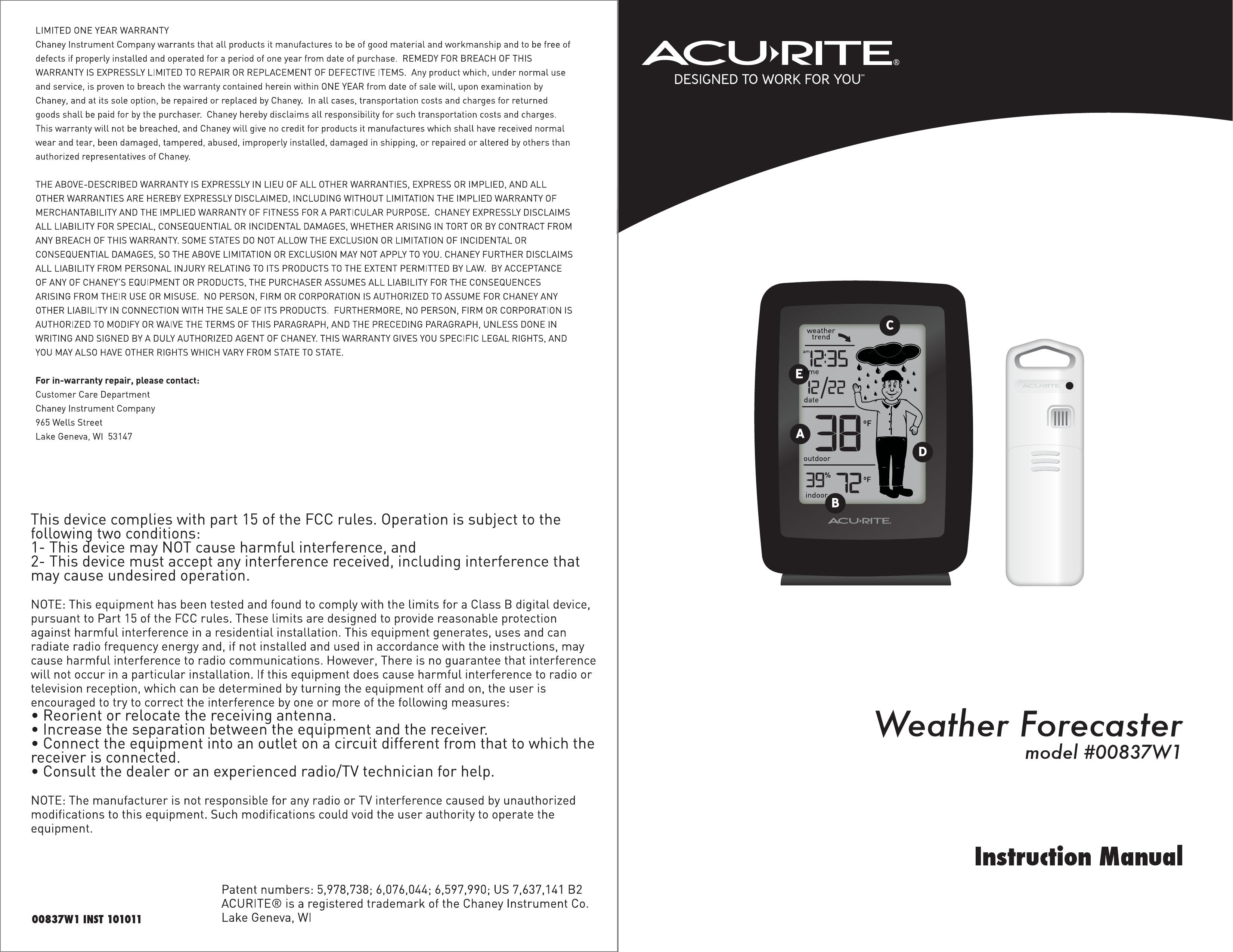 Acu-Rite #00837WI Weather Radio User Manual