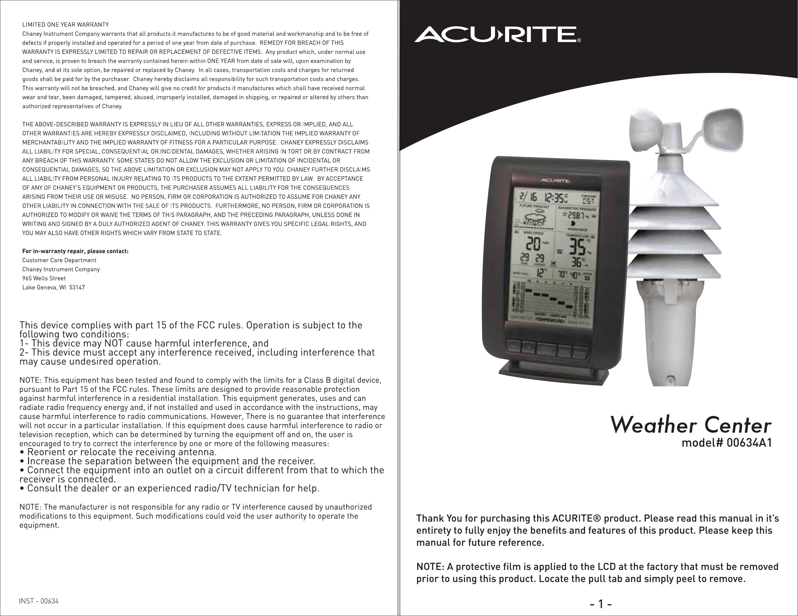 Acu-Rite 00634A1 Weather Radio User Manual