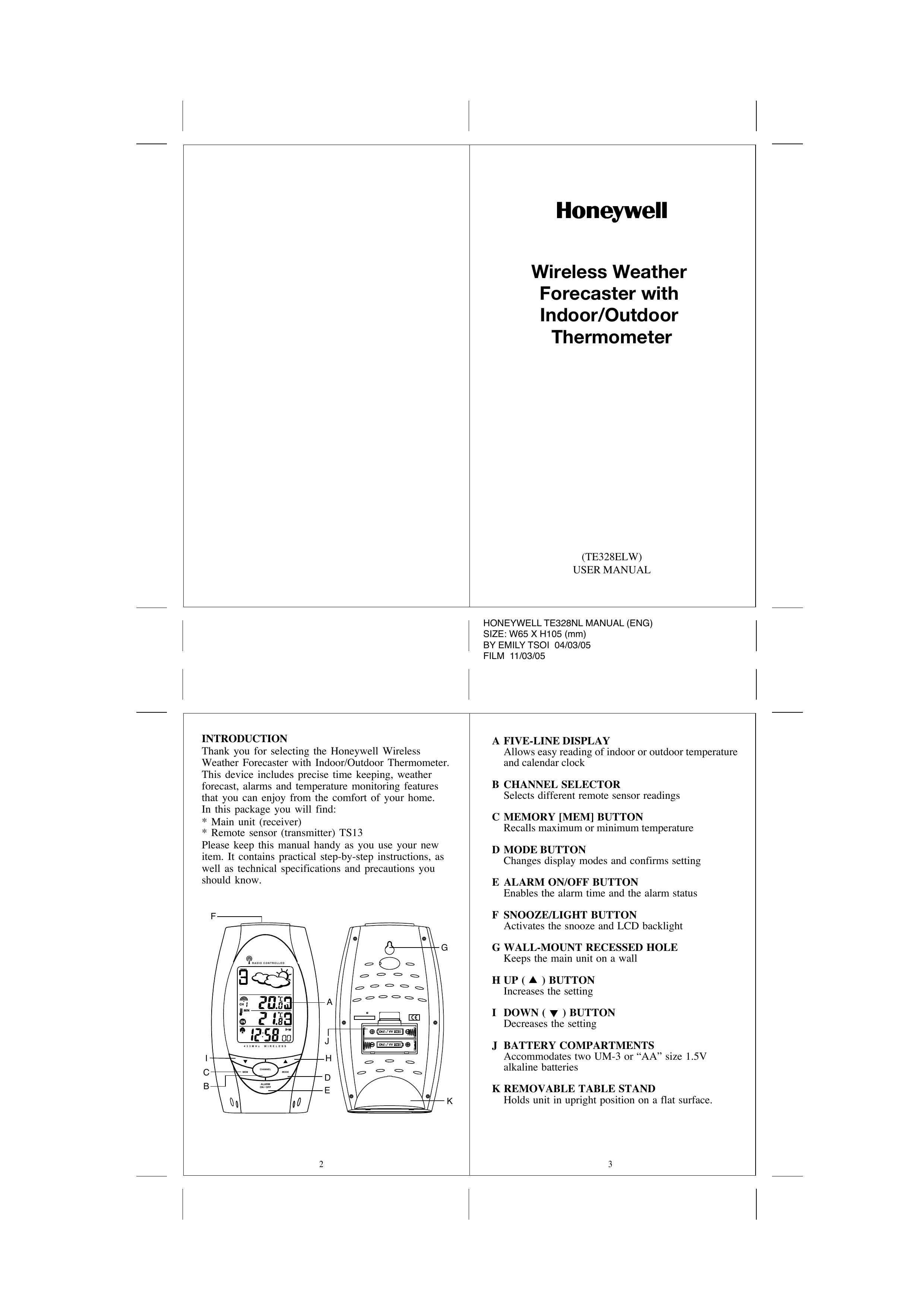 Honeywell TE328ELW Weather Radio User Manual
