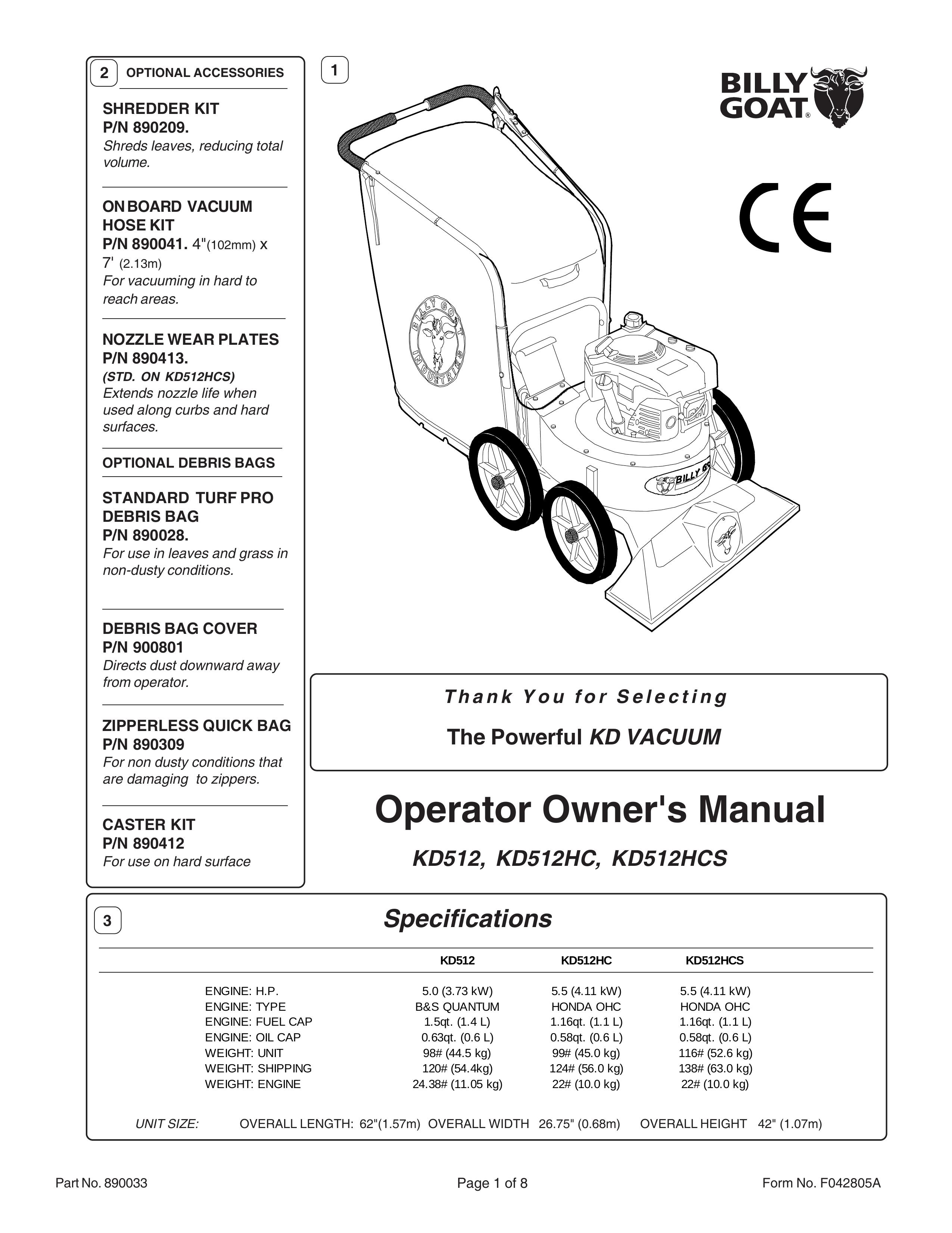 Billy Goat KD512, KD512HC, KD512HCS Yard Vacuum User Manual