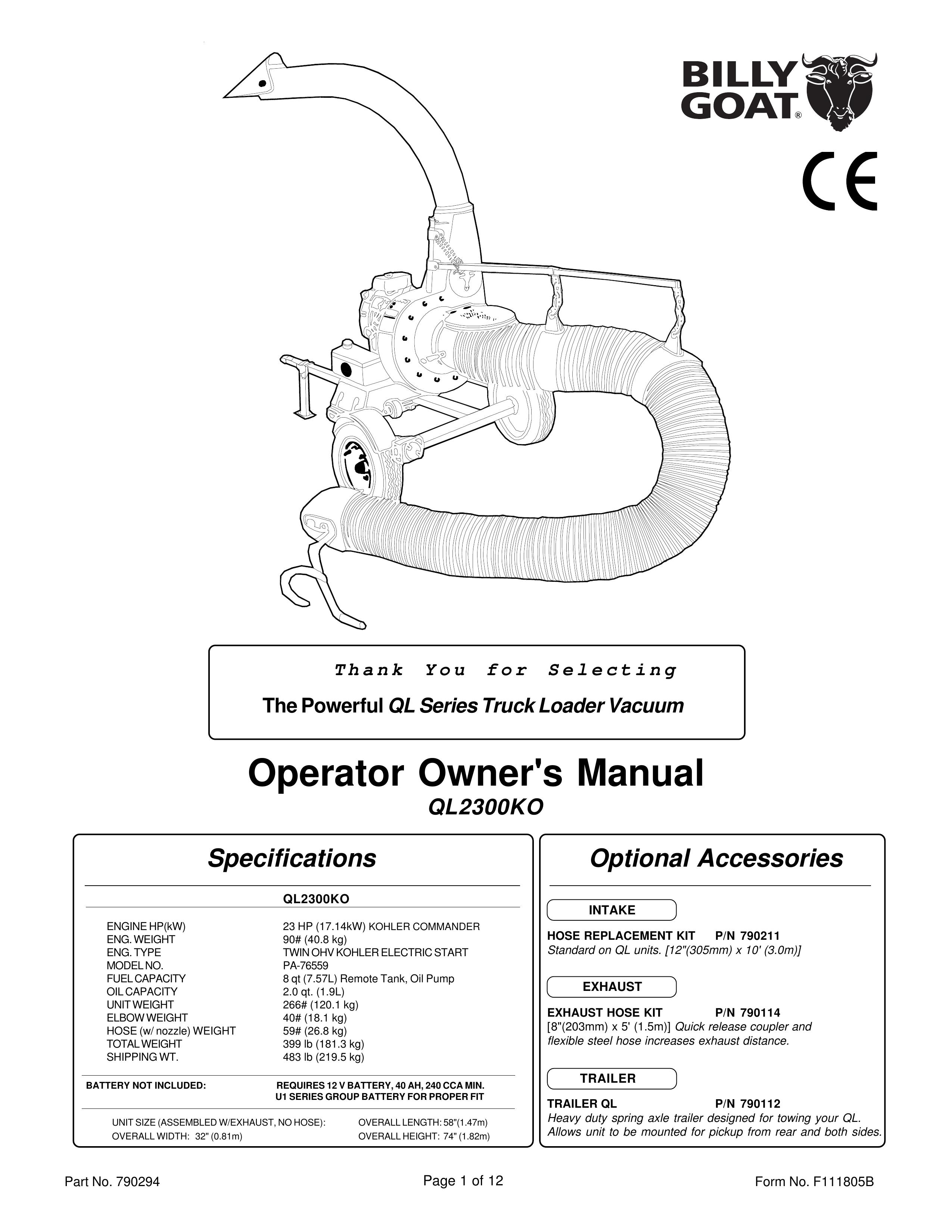 Billy Goat QL2300KO Yard Vacuum User Manual