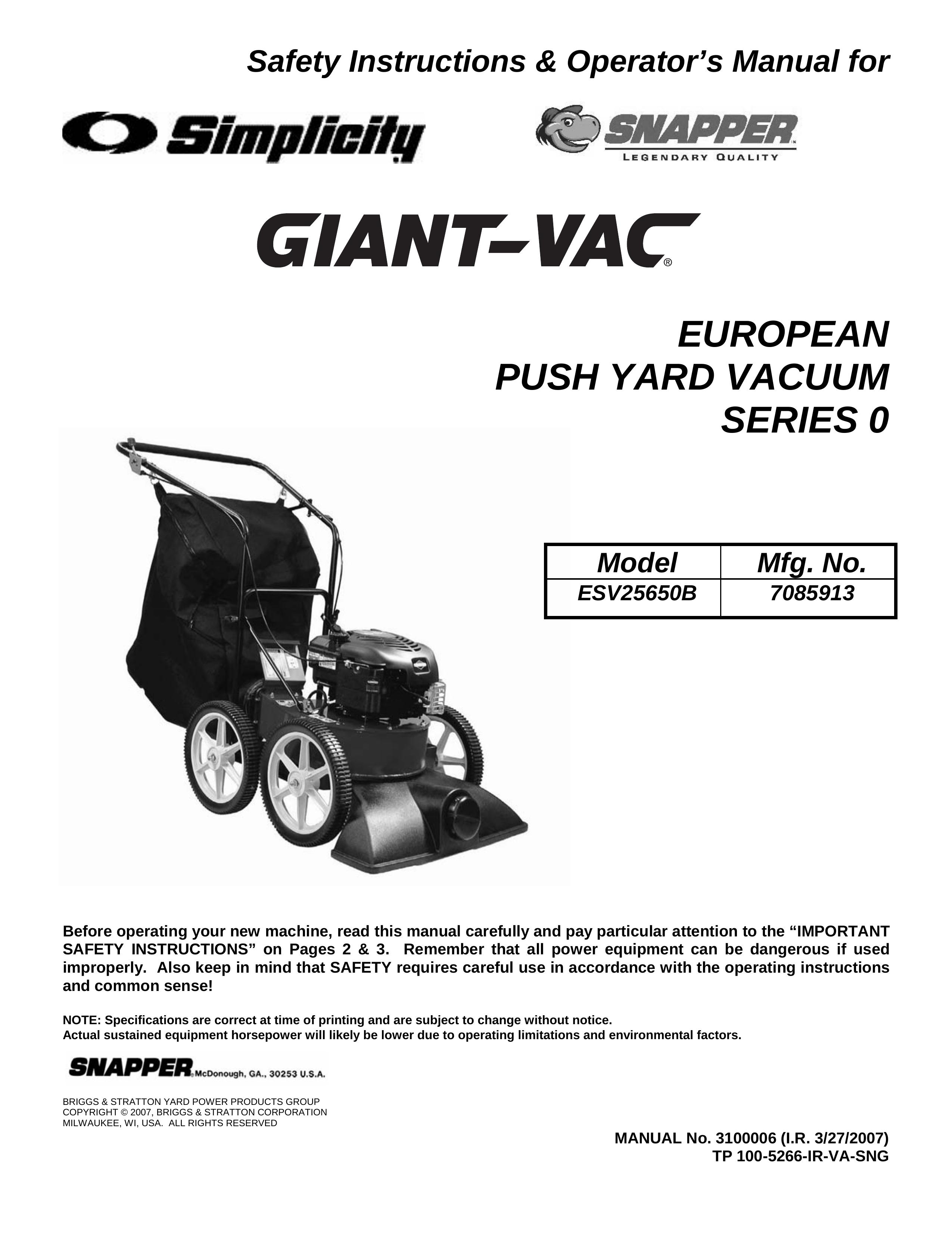 Snapper ESV25650B Yard Vacuum User Manual